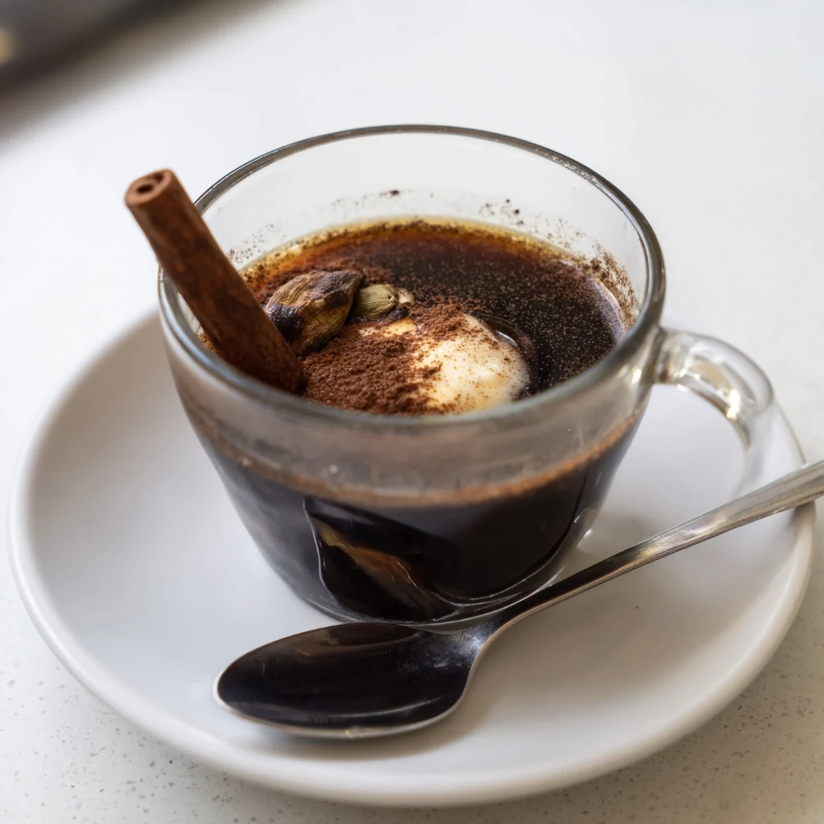 Steaming mug of Spiced Coffee, with visible cinnamon stick and hints of warm cloves, ready to enjoy.
