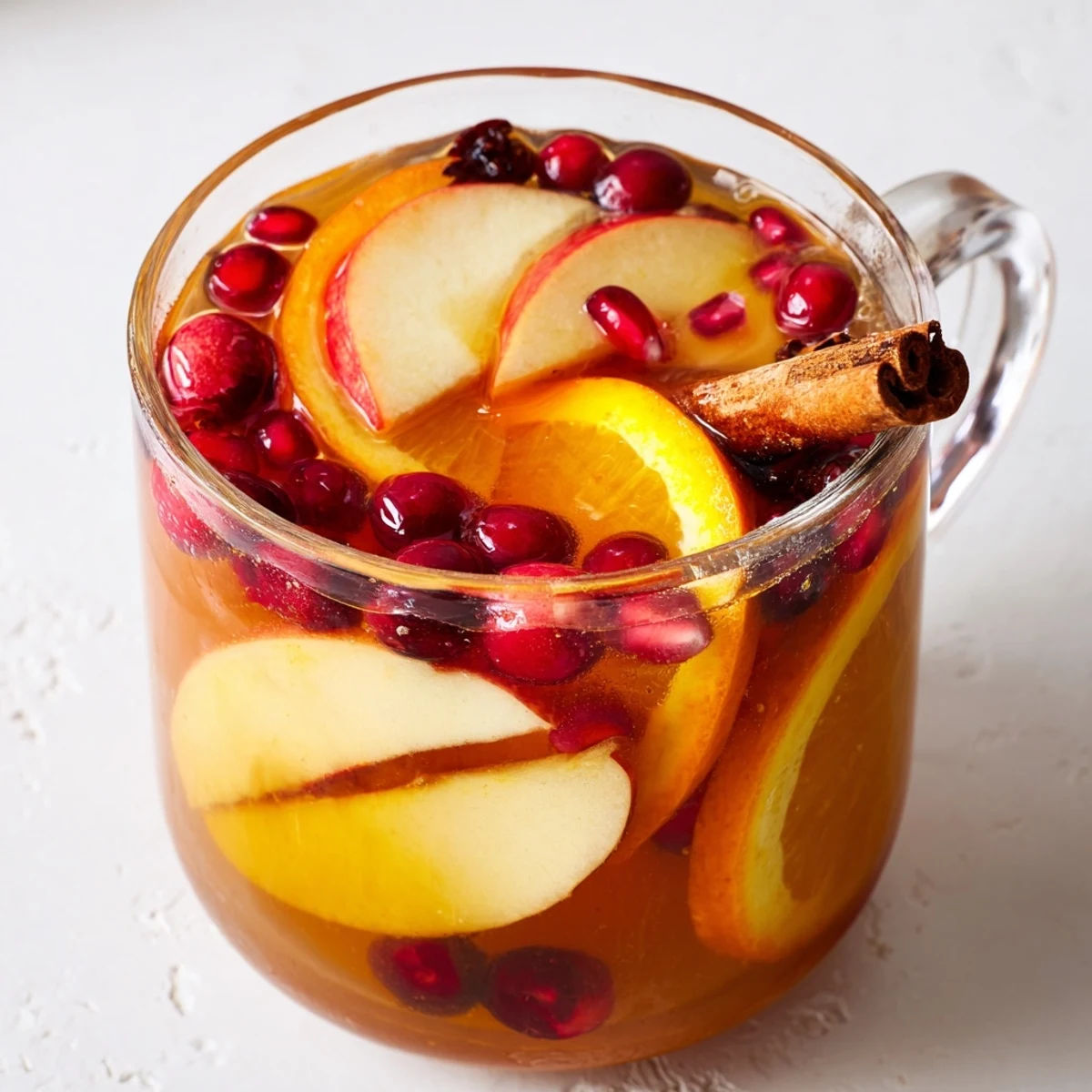 Steaming mugs of winter fruit punch, a vibrant medley of fruits and warm spices.