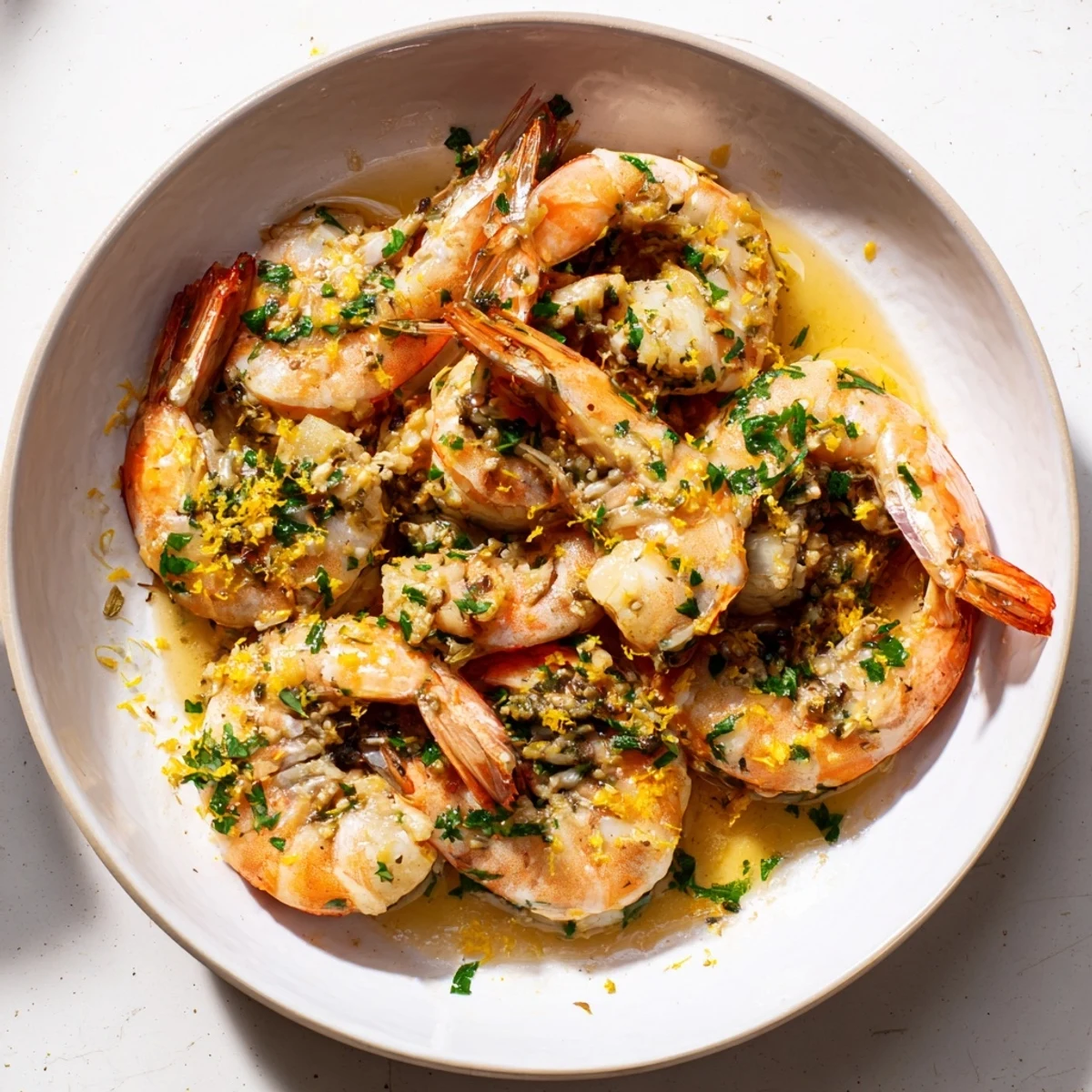 Close-up of perfectly cooked Garlic Prawns, juicy and coated in a lemon-garlic sauce.