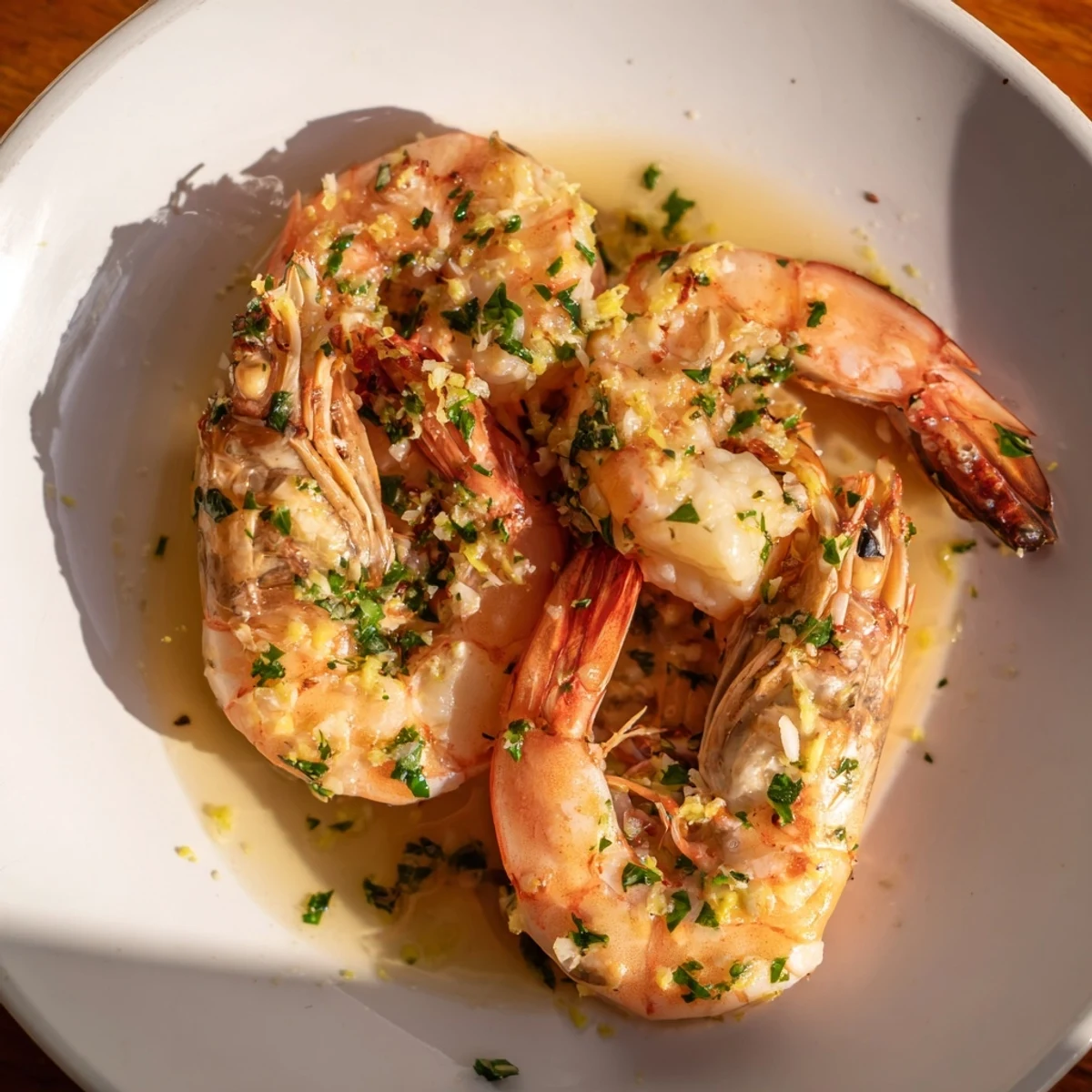 Golden Garlic Prawns simmering in a pan, glistening with garlic butter and fresh parsley.