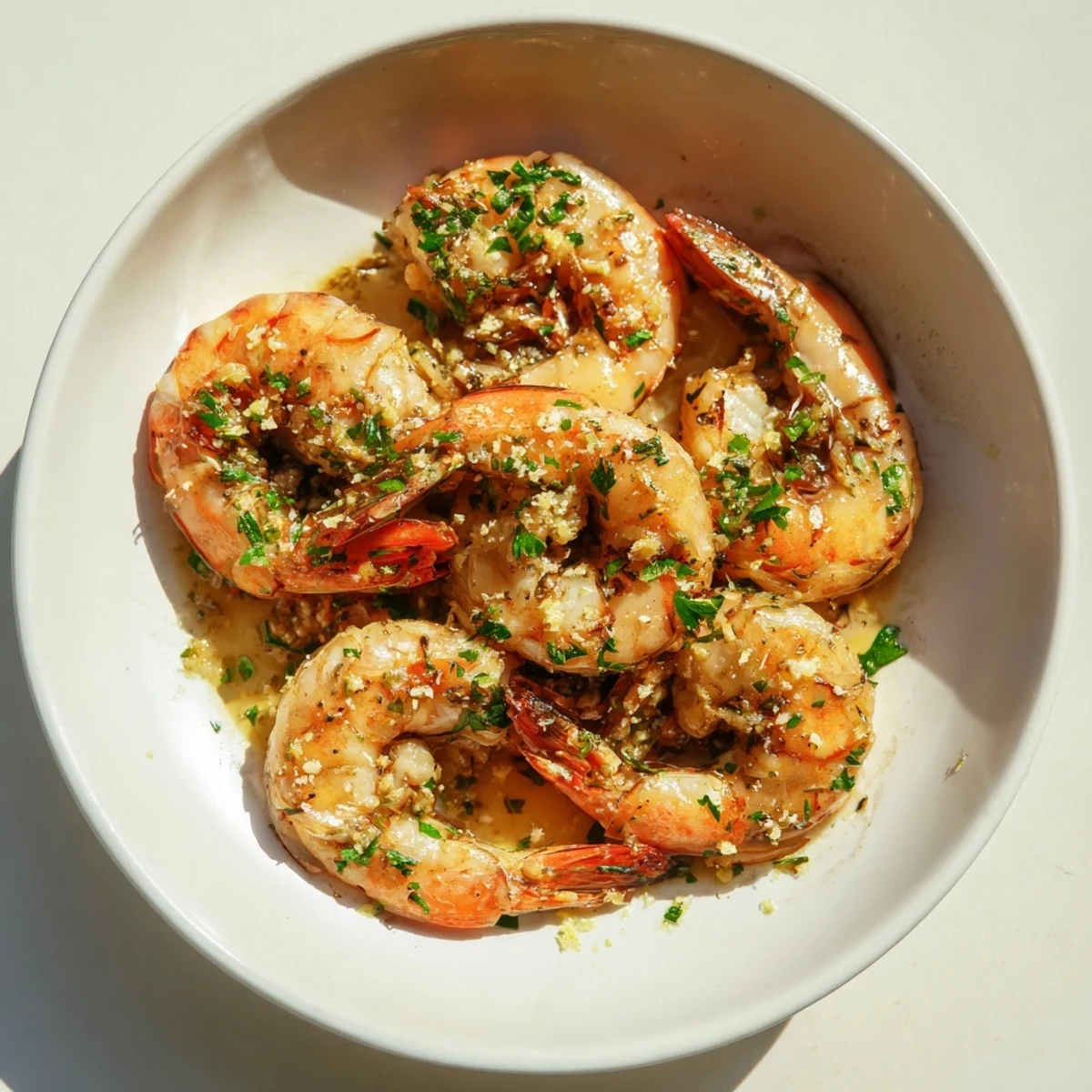 Delicious Garlic Prawns served hot, ready to be enjoyed as a flavorful appetizer with lemon wedges.