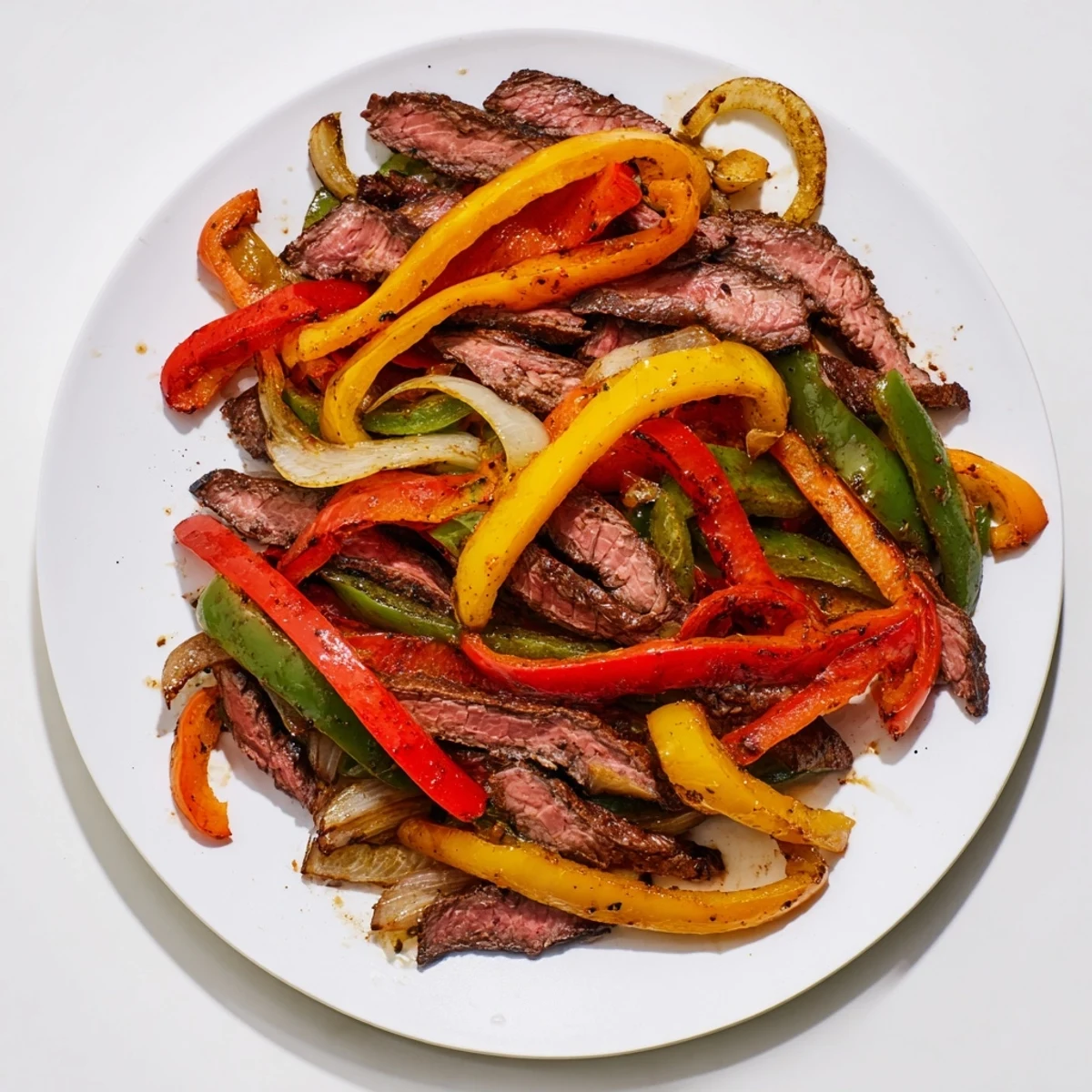 Sizzling beef fajitas with colorful peppers and onions alongside warm, fluffy tortillas waiting to be filled.
