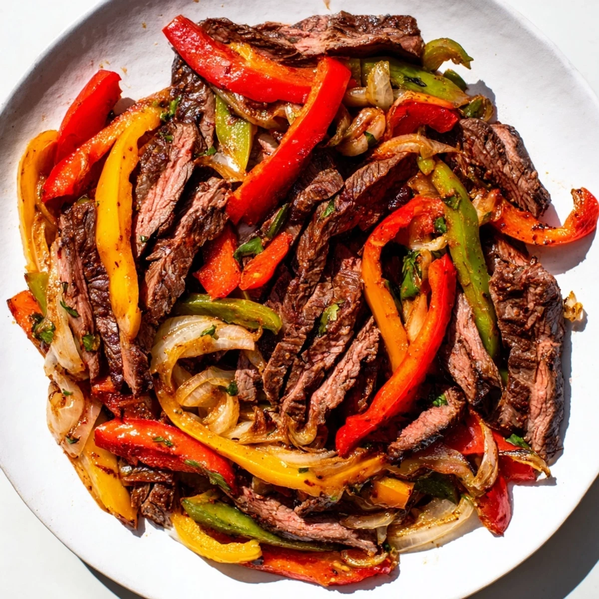 A close-up of delicious beef fajitas, showing marinated beef strips, ready to be wrapped in tortillas.