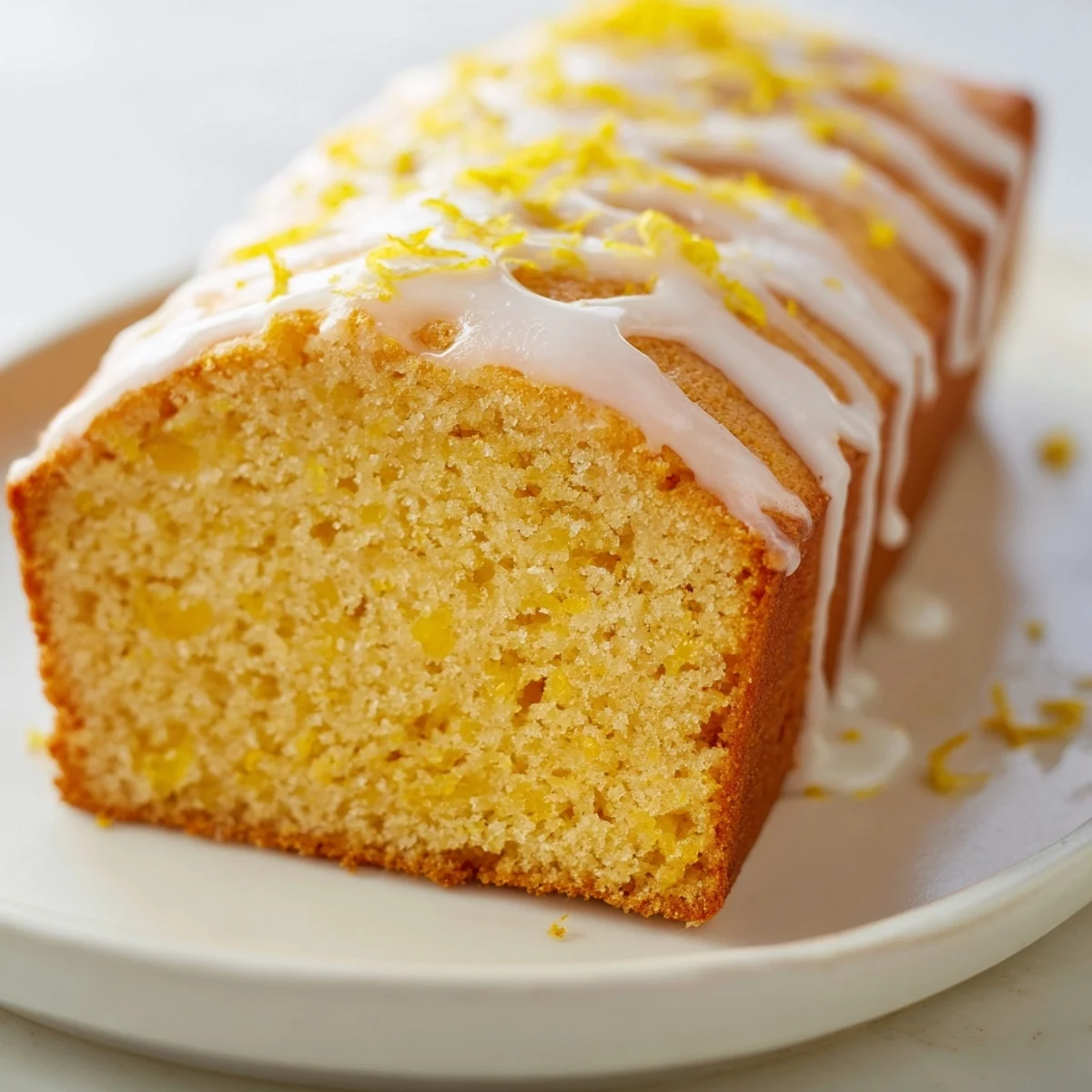 Moist, golden Lemon Drizzle Cake with a glossy, sugary drizzle, perfect for dessert.