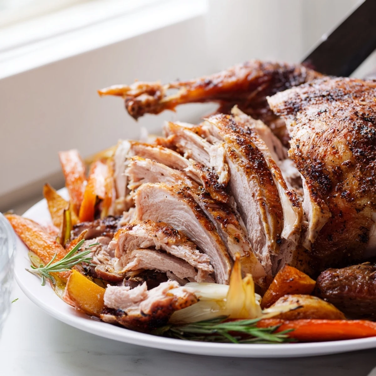 Aromatically spiced Slow Roasted Chicken, with crispy skin, is ready to be carved and served.