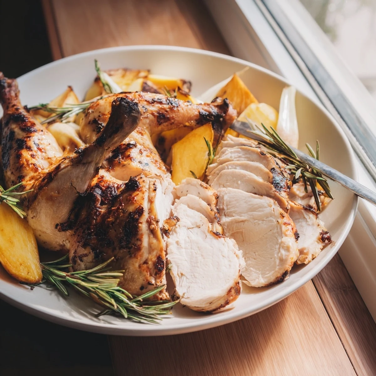Close-up of a flavorful Slow Roasted Chicken, golden and gleaming atop a bed of herbs.
