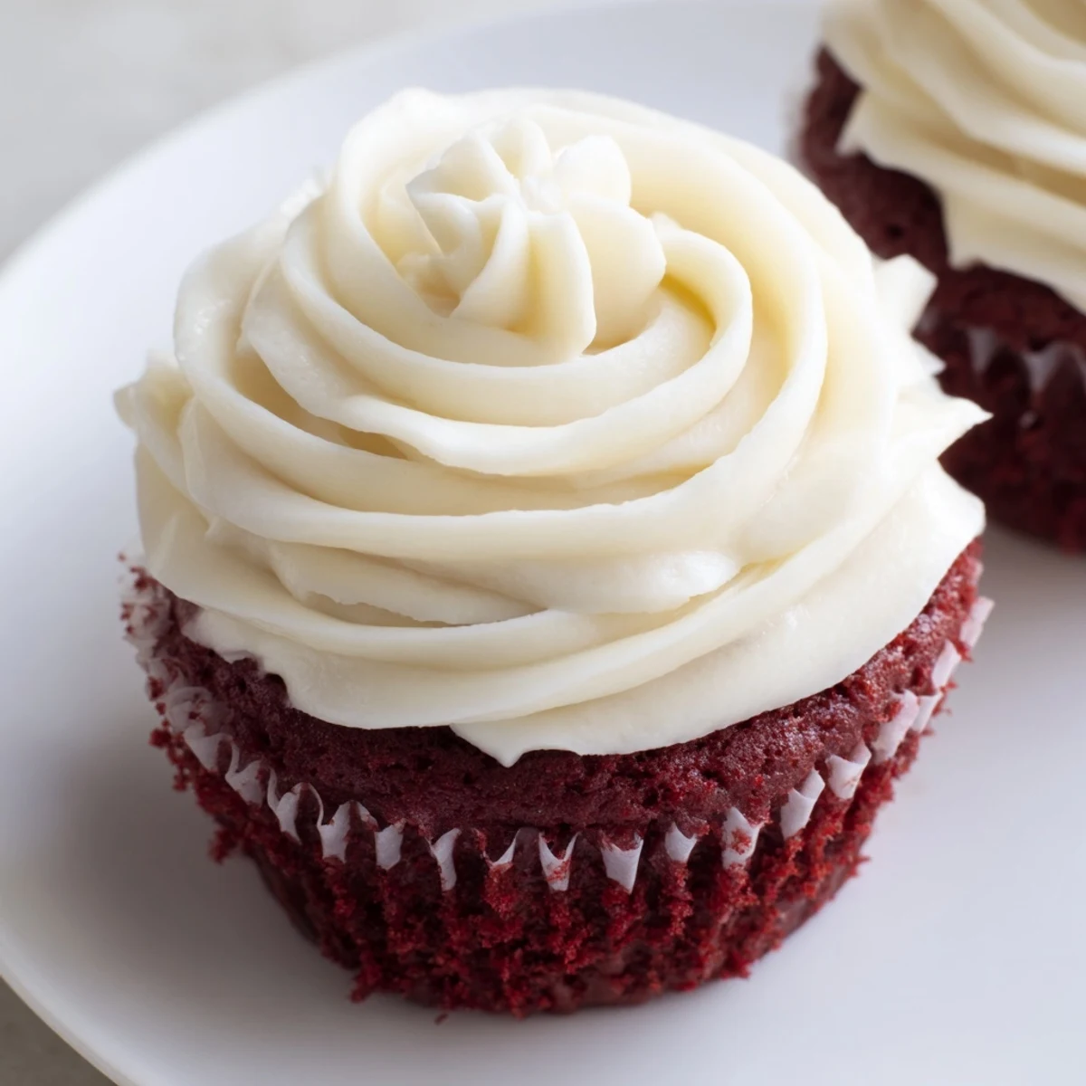 A close-up of beautifully frosted red velvet cupcakes, ready to be enjoyed with a sweet bite.