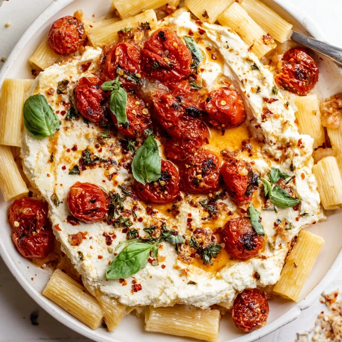 Baked Feta Pasta, a creamy, Mediterranean delight with bursting cherry tomatoes and melted feta.