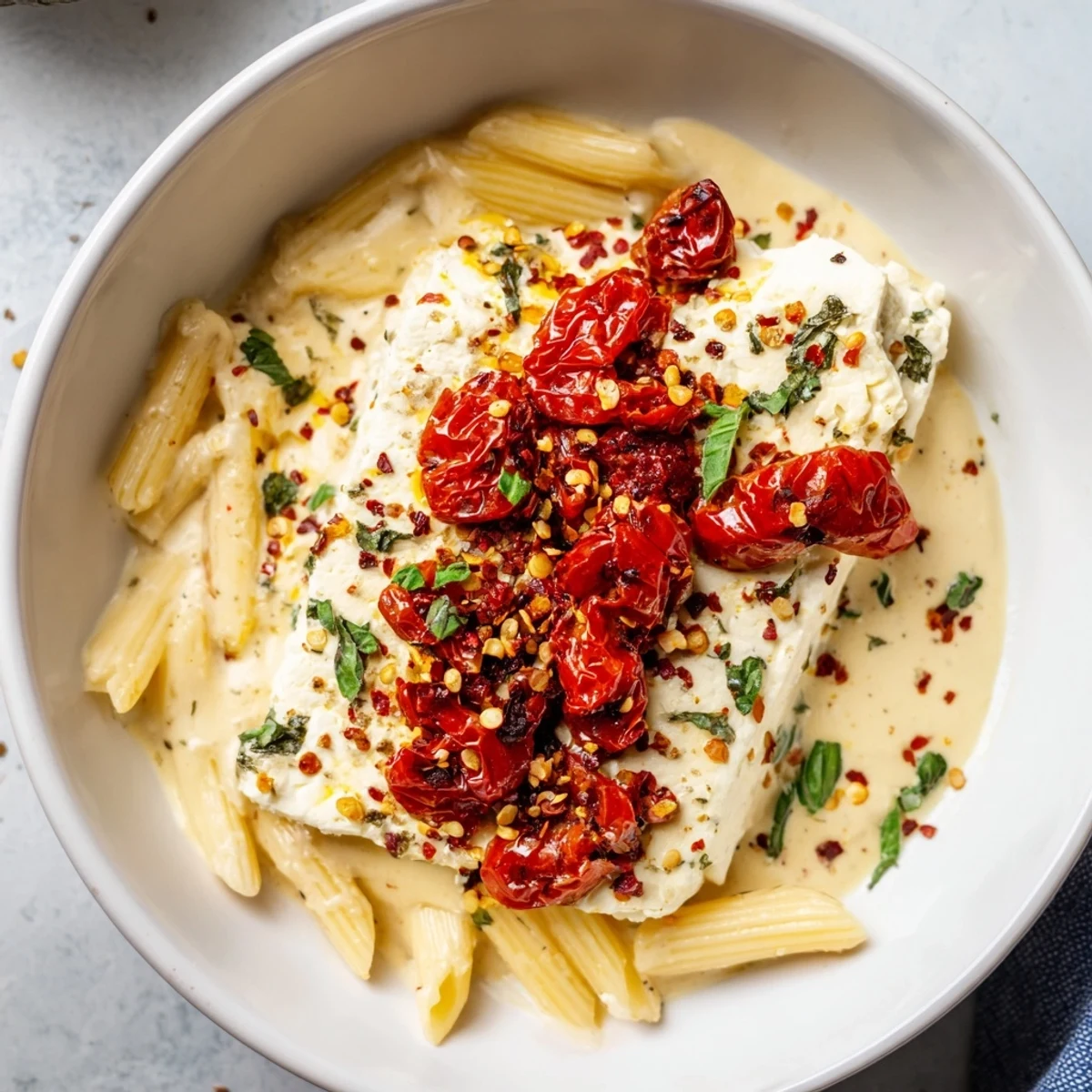 Imagine bowls of flavorful Baked Feta Pasta, a comforting vegetarian meal with fresh basil garnish.