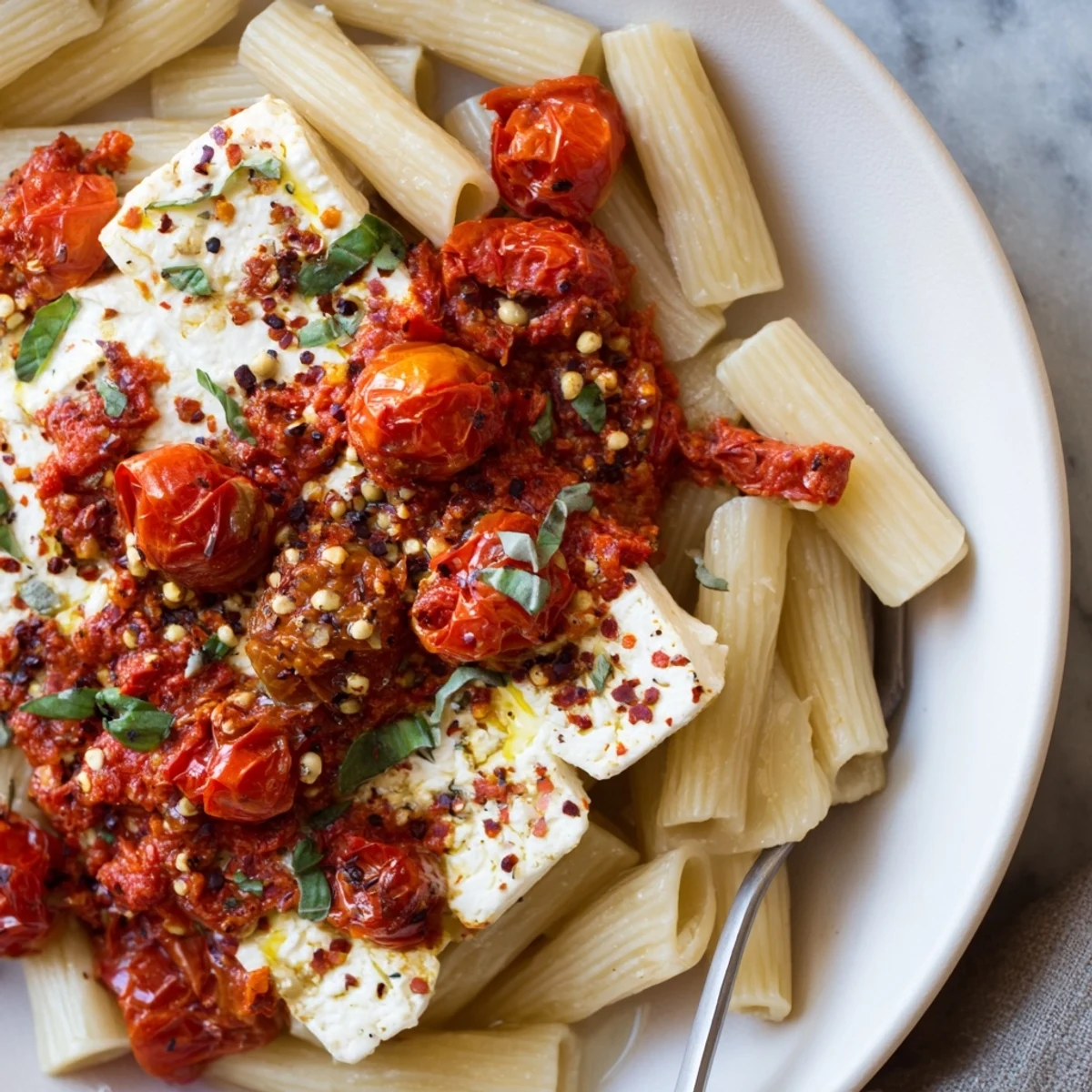 This Baked Feta Pasta features golden, roasted feta atop a bed of vibrant cherry tomatoes and pasta.