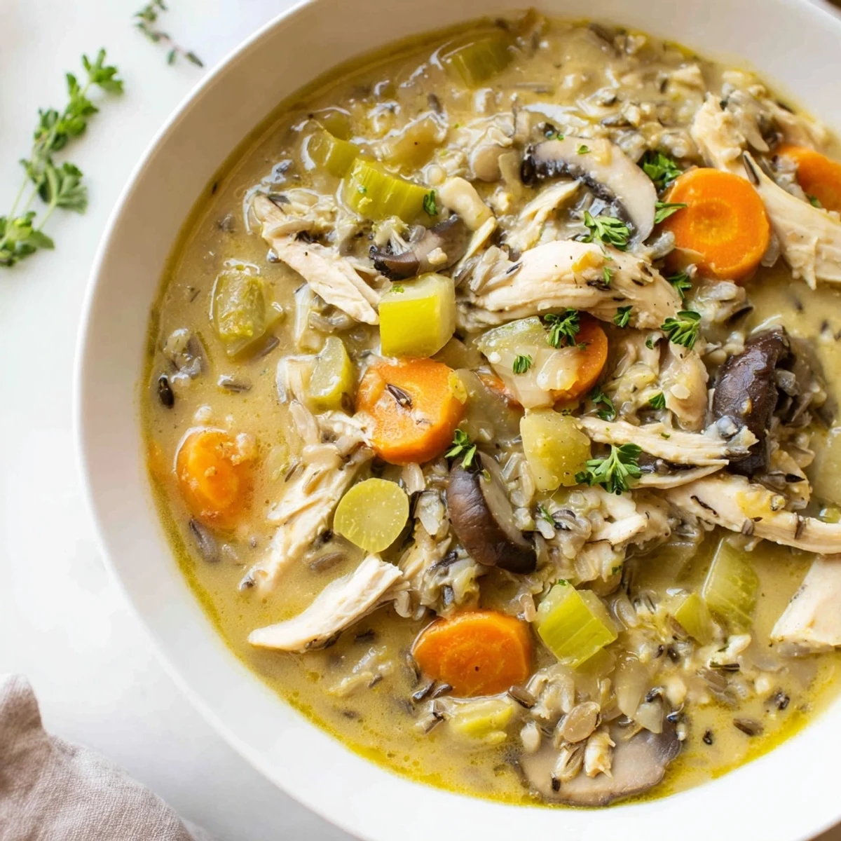 Steaming Instant Pot Chicken and Wild Rice Soup, topped with fresh parsley, looks incredibly delicious.