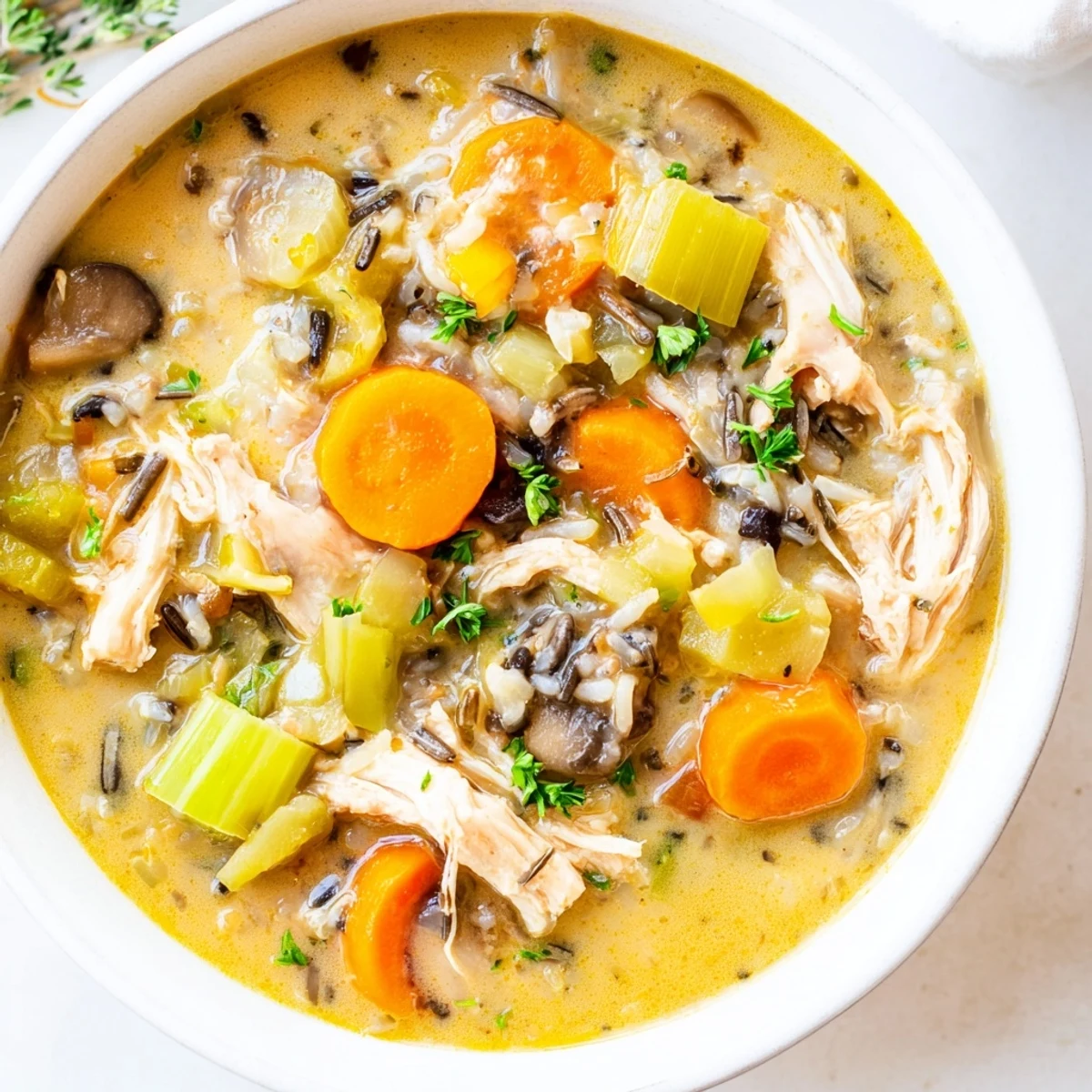 A close-up of a warm bowl of creamy Instant Pot Chicken and Wild Rice Soup, ready to enjoy.