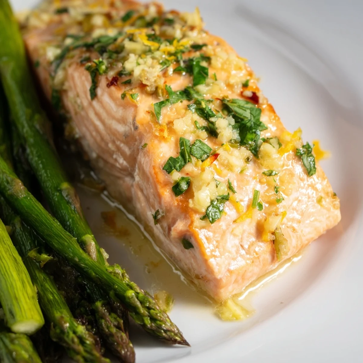 Sizzling baked Lemon Garlic Butter Salmon, perfectly seasoned, served with bright green asparagus.