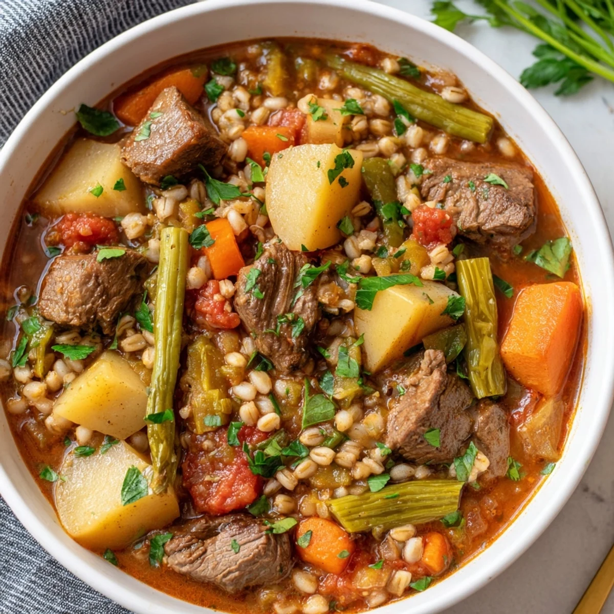 Steaming bowl of Hearty Beef and Barley Vegetable Stew, showcasing tender beef and hearty vegetables.