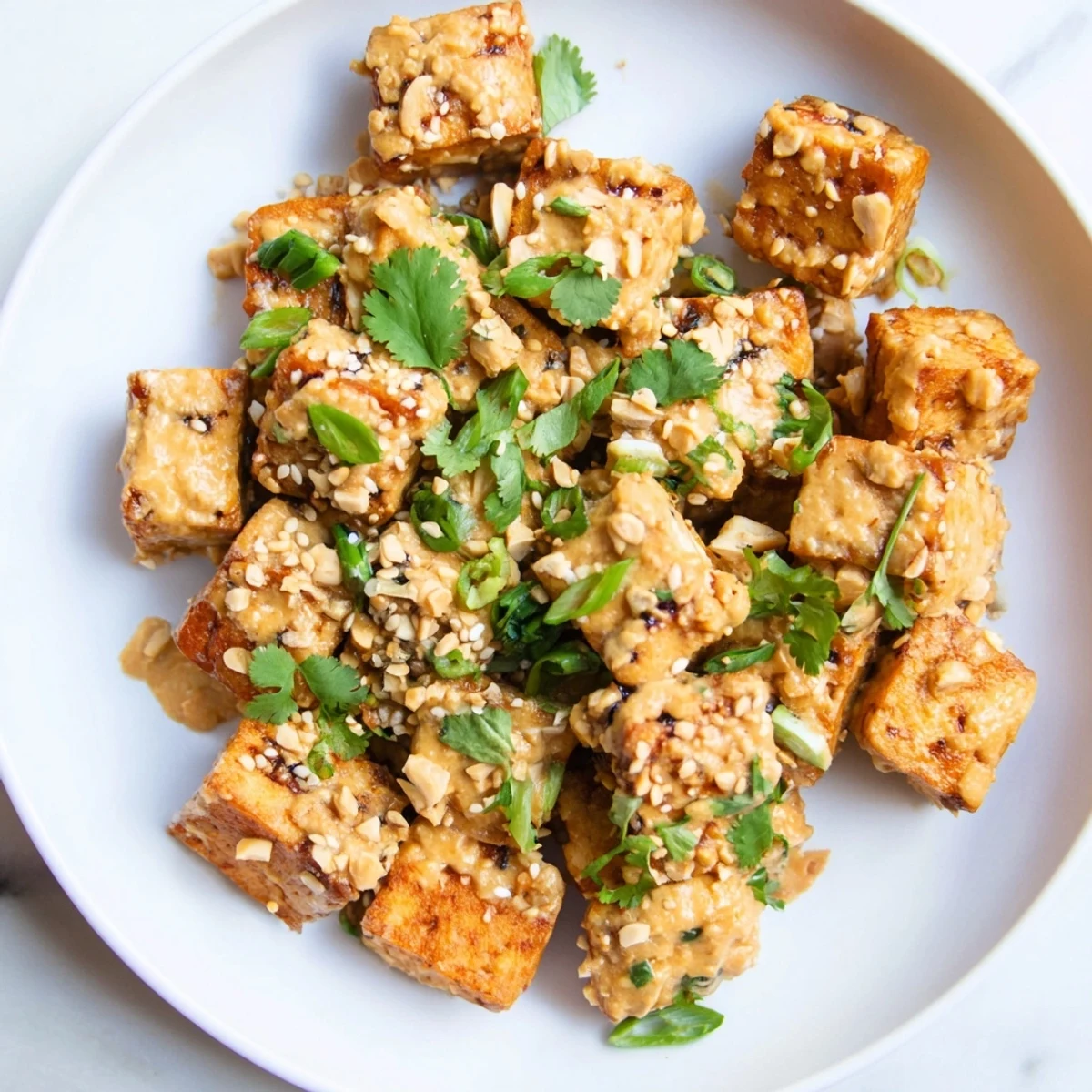 Golden, crispy baked tofu glistening with a flavorful peanut sauce, ready to serve and enjoy.