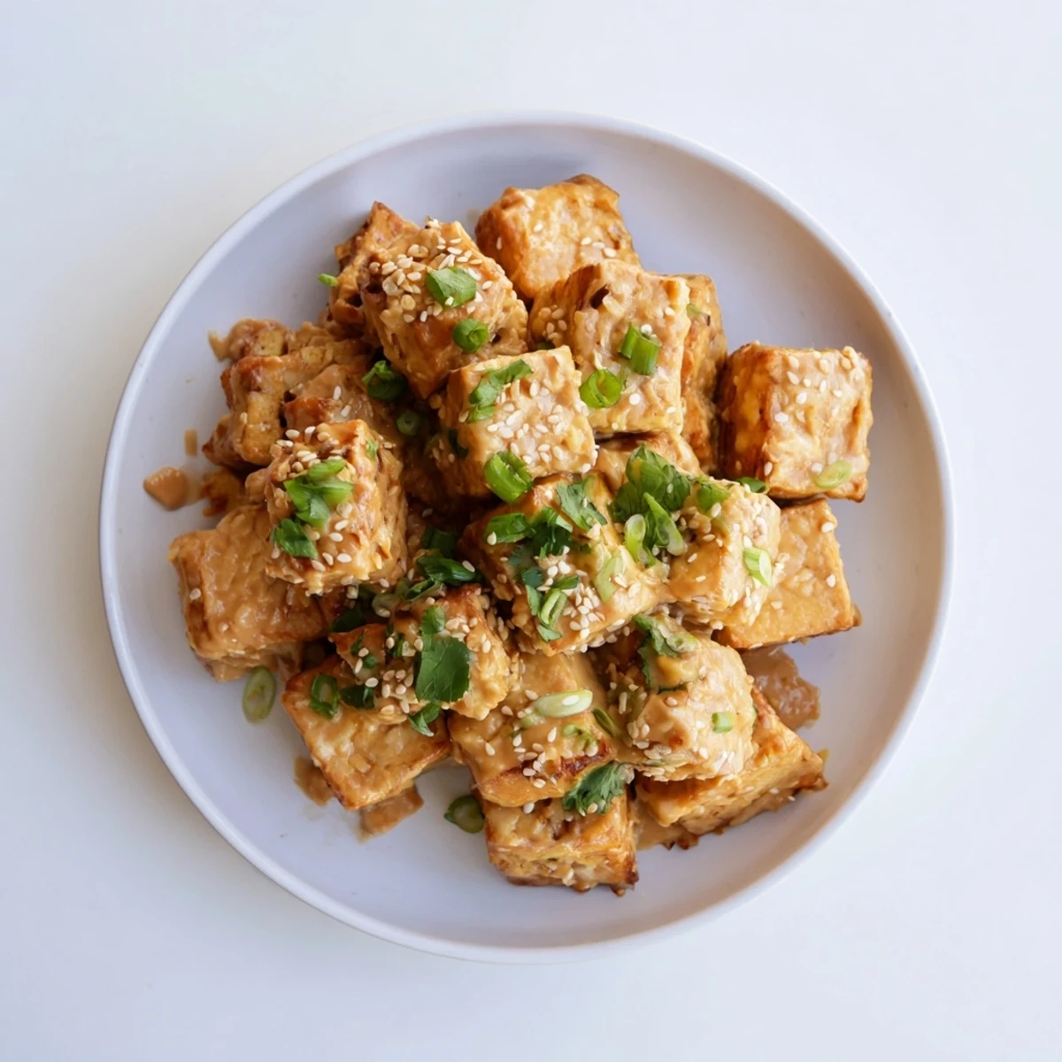 A bowl of delicious Crispy Baked Tofu with Peanut Sauce, garnished with fresh herbs and sesame seeds.