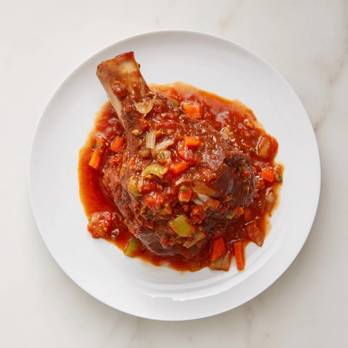 This image shows tender slow cooked lamb shanks resting in a vibrant, thick tomato sauce.