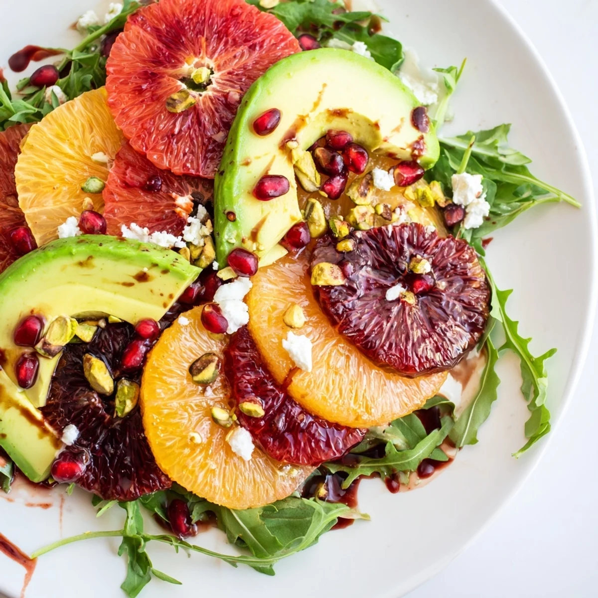 Freshly assembled Winter Citrus Salad with Pomegranate Vinaigrette, featuring juicy citrus and creamy avocado.