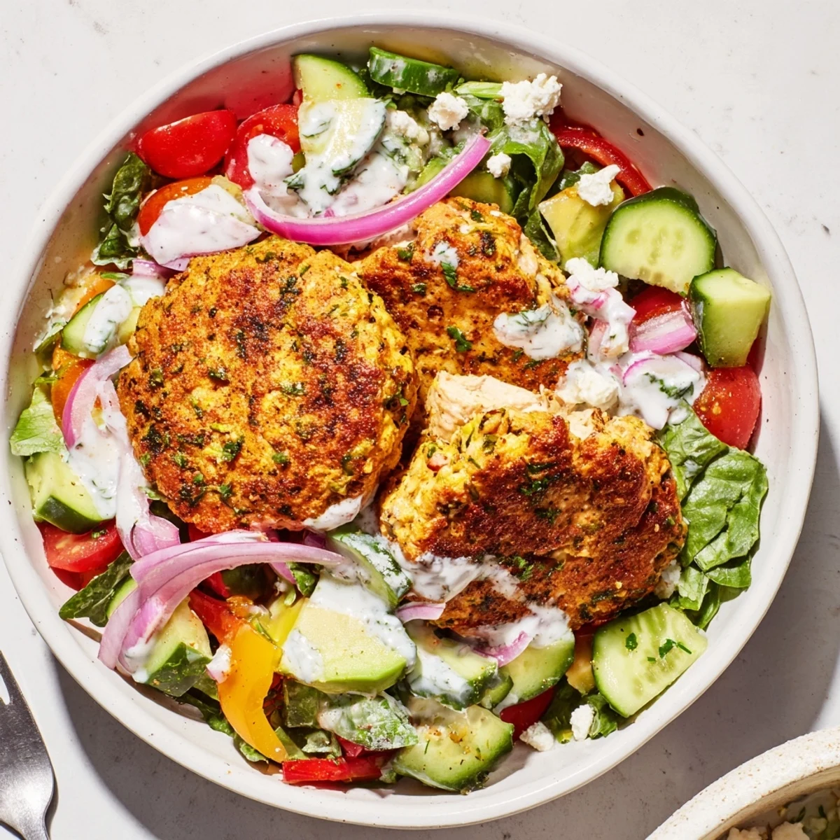 Healthy and satisfying, this turkey burger salad bowl combines protein-packed patties with crisp vegetables.