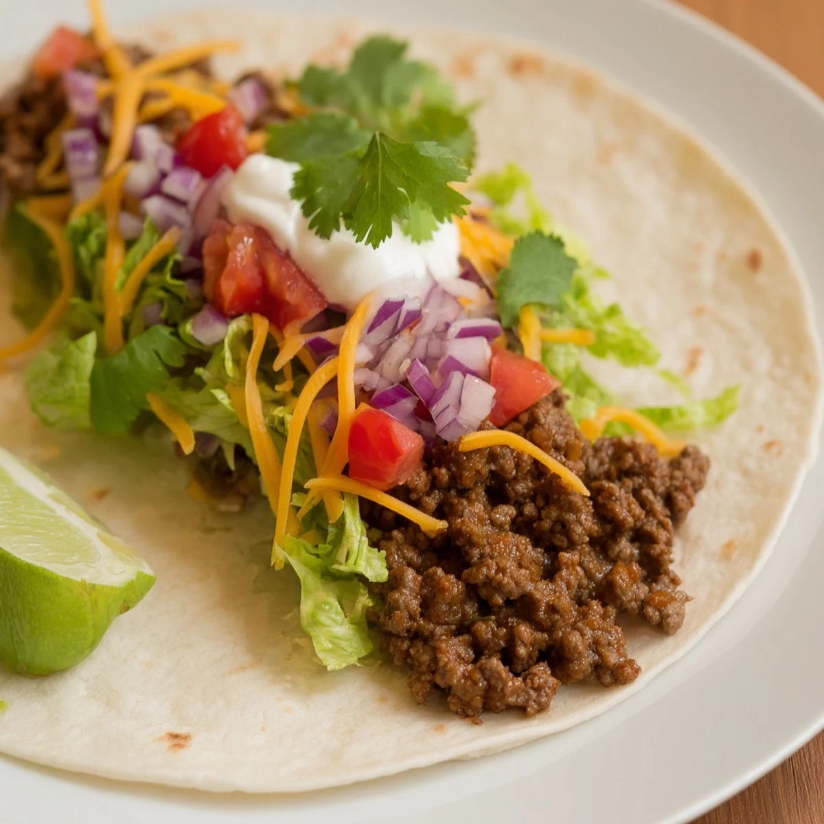 Close-up of freshly made beef tacos with a variety of colorful toppings, a perfect Mexican meal.