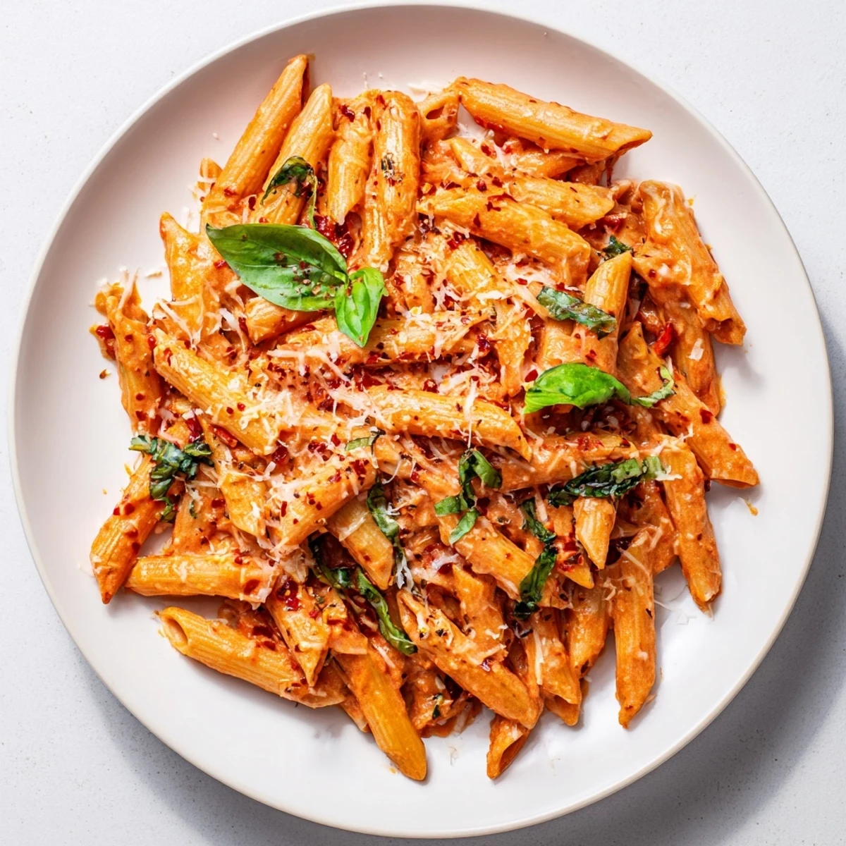 Creamy Tomato Basil Pasta glistening, garnished with fresh basil leaves, ready to serve and enjoy.