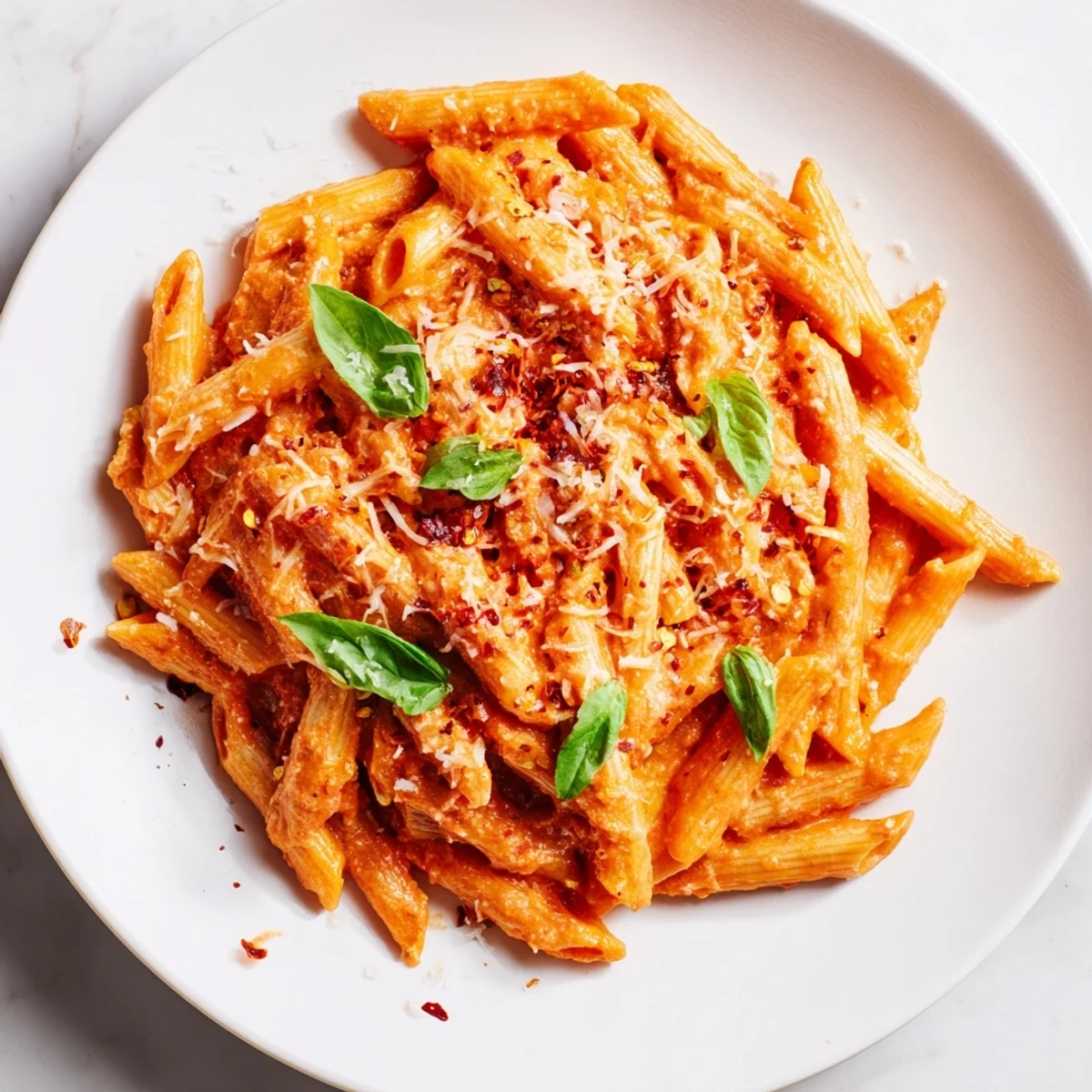Bright red Creamy Tomato Basil Pasta, perfectly plated, a comforting Italian meal made easy.