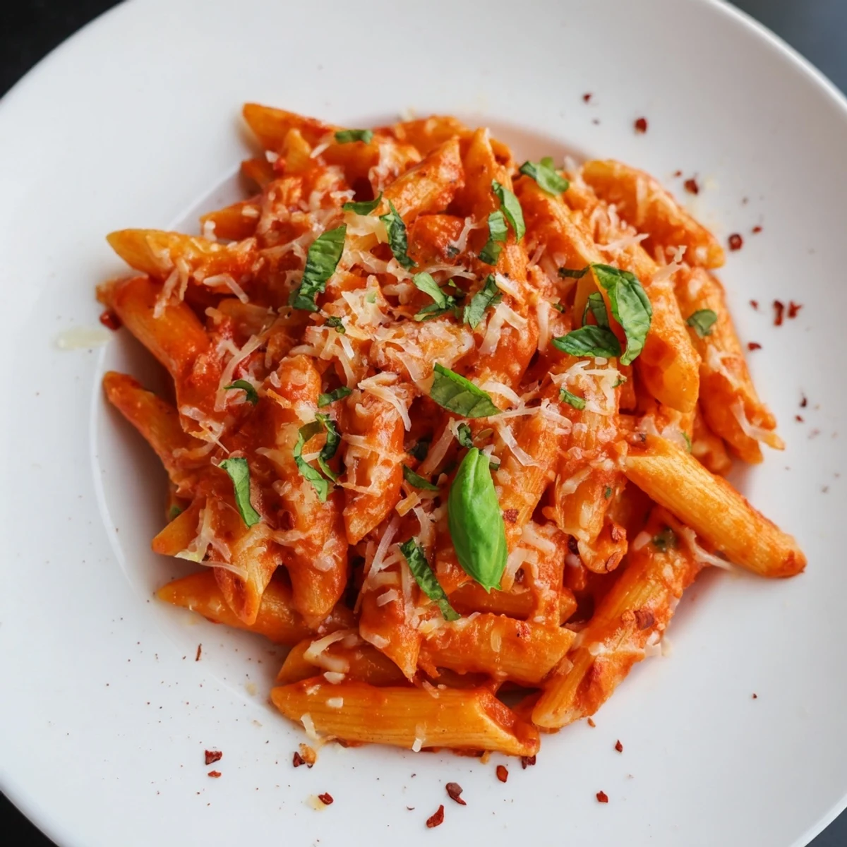 A close-up of the delicious Creamy Tomato Basil Pasta, showing the rich, creamy tomato sauce.