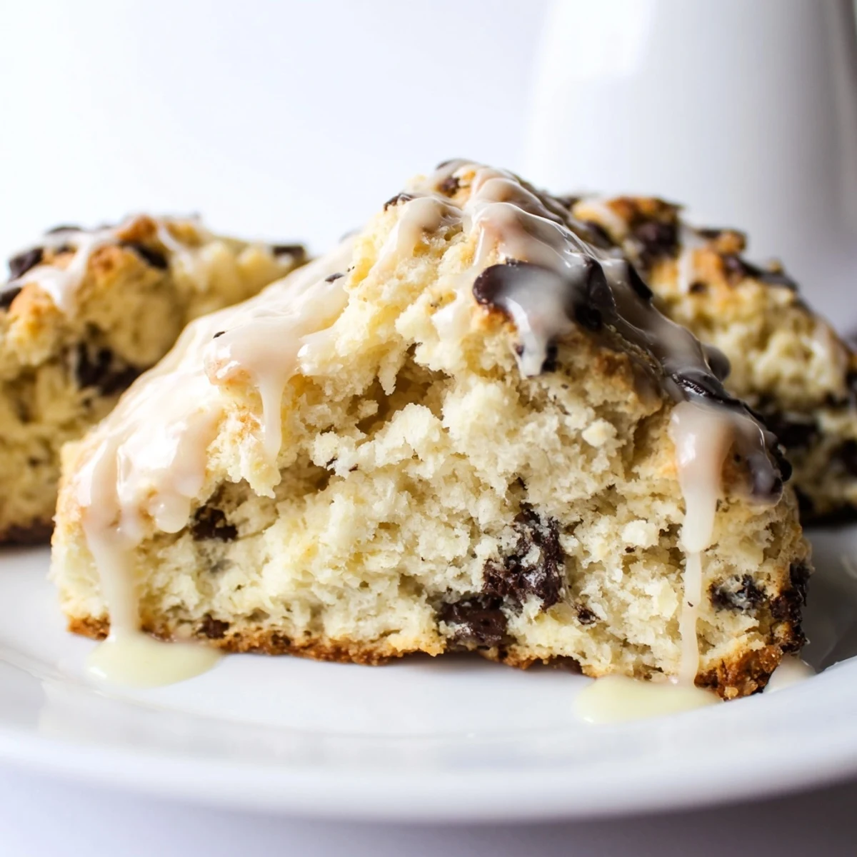 Fluffy chocolate chip scones, glazed and ready to eat, served hot with a cup of coffee.