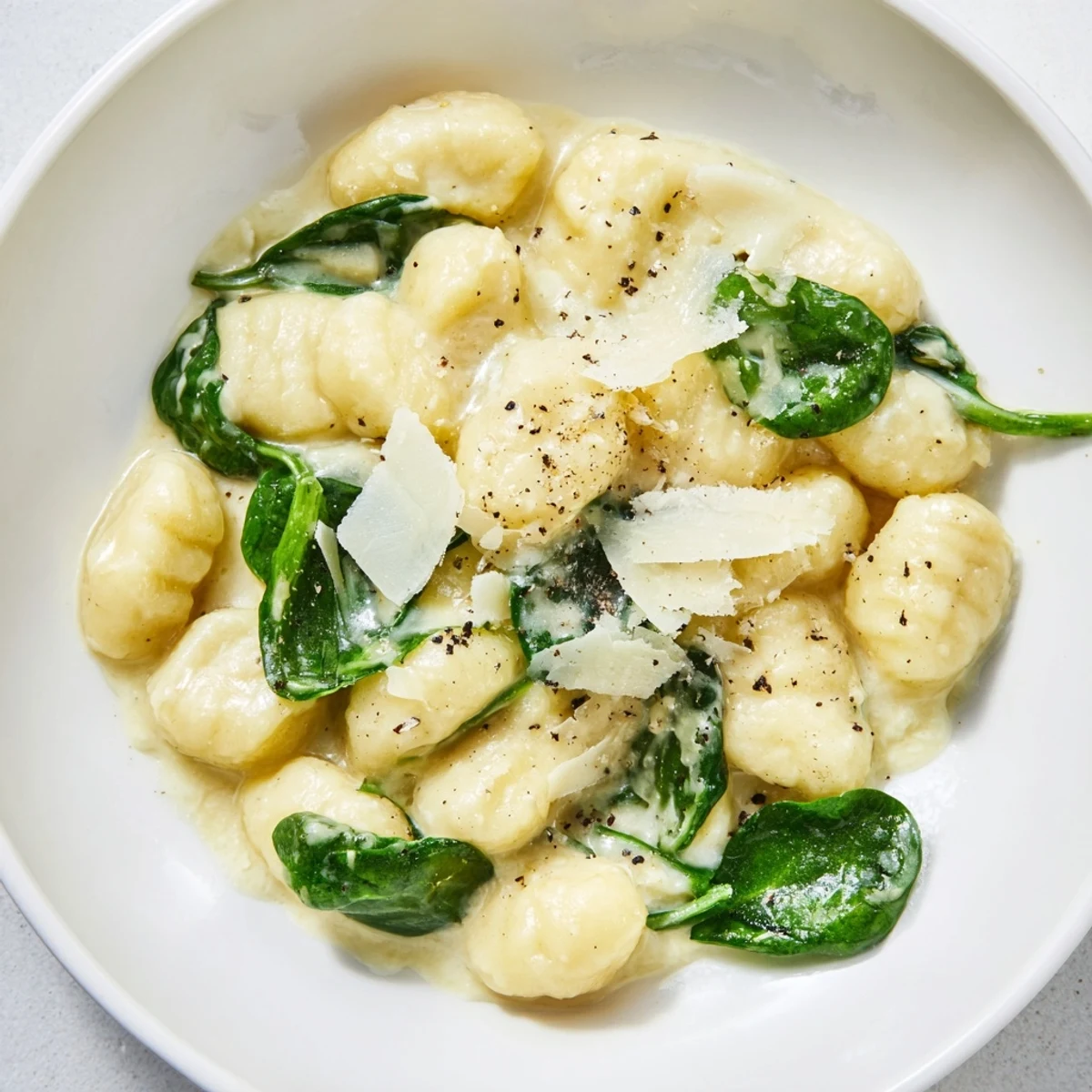 Fresh spinach is nestled into this delicious creamy gnocchi, a quick and easy weeknight dinner.