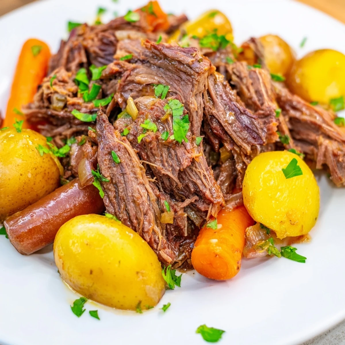 Tender slow cooker pot roast with carrots, a classic family meal, ready to serve and enjoy.