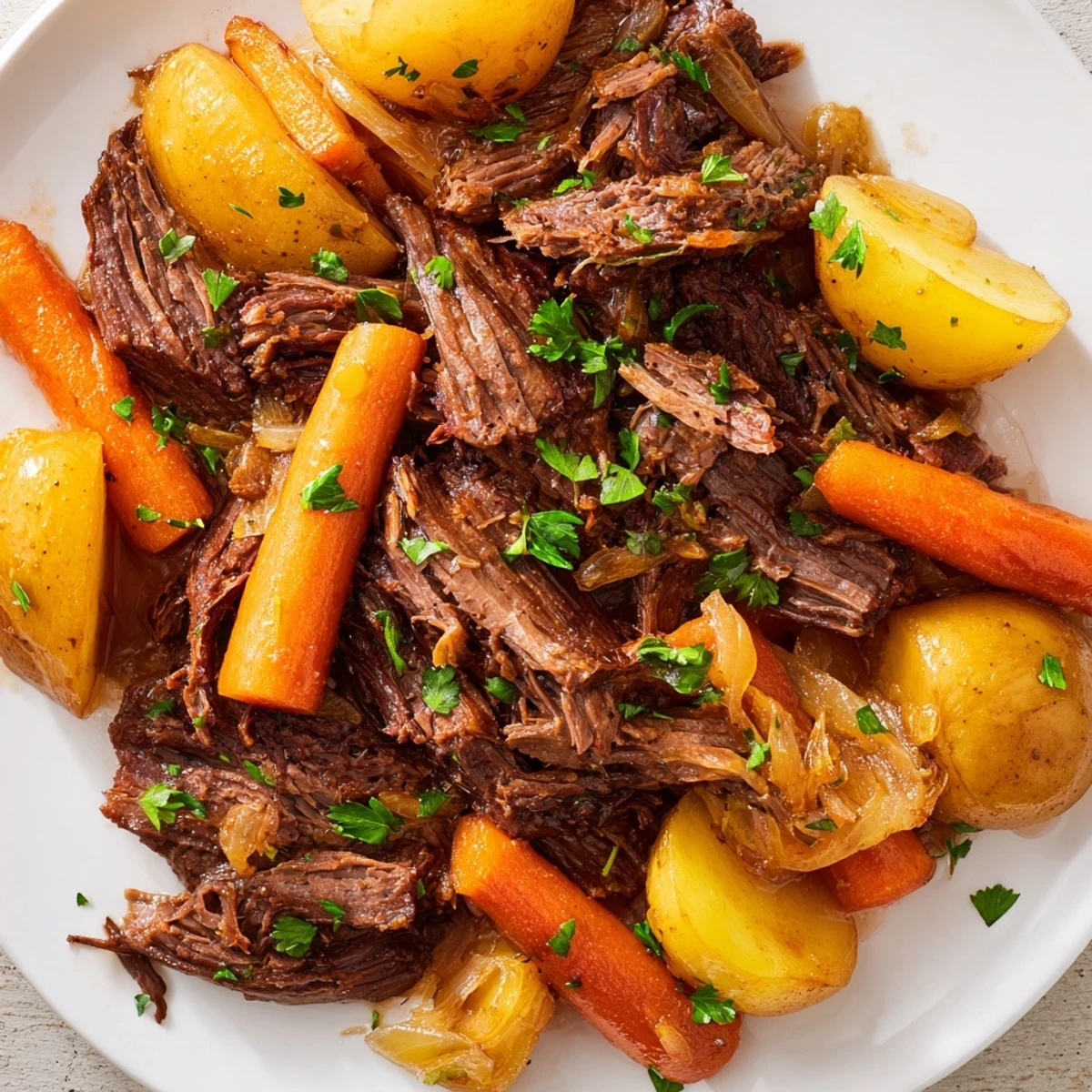 Fork-tender pot roast, carrots, and potatoes simmered slow, with savory broth—delicious comfort food.