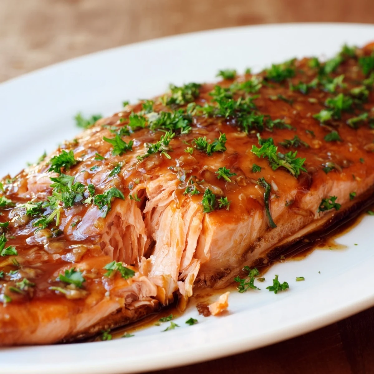 Golden, glazed baked salmon with maple, perfectly cooked and ready to serve with lemon.