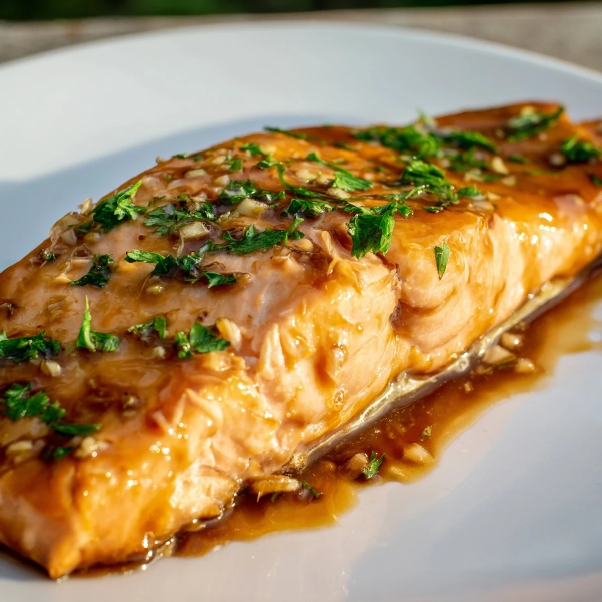 Tender, flavorful baked salmon with maple glaze, garnished with fresh parsley, an elegant dinner!