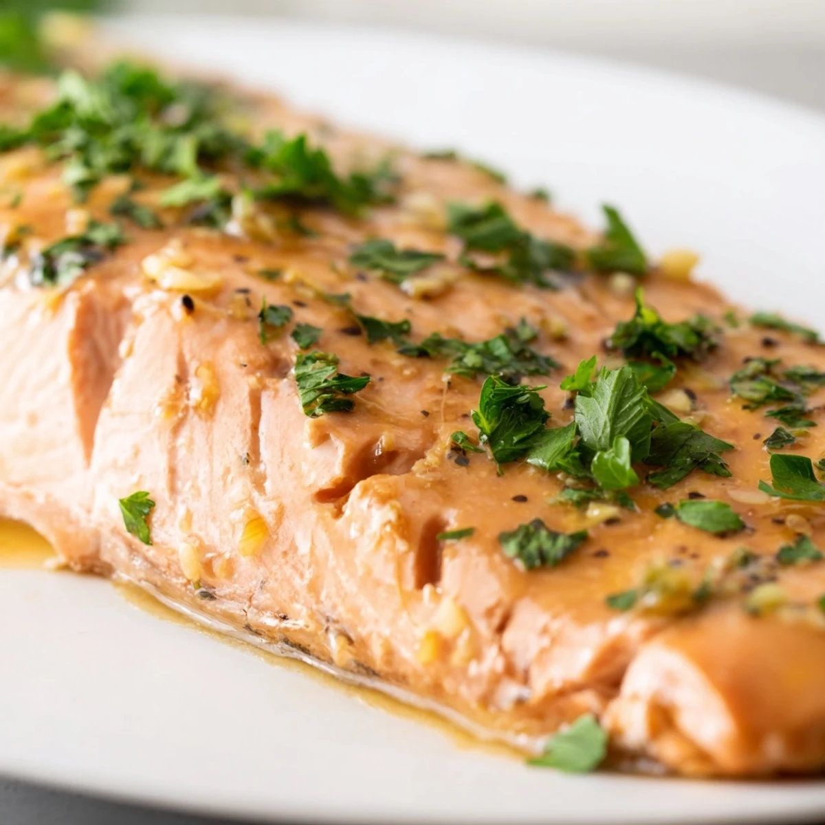 A close-up shot of glistening baked salmon with maple glaze, showcasing flaky texture and vibrant color.