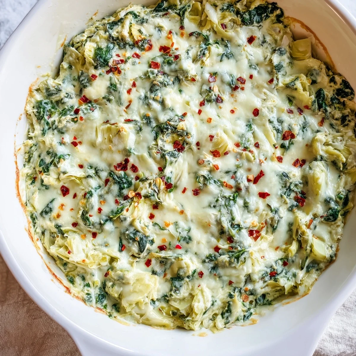 Golden, bubbly Cheesy Spinach Artichoke Dip with tortilla chips, featuring creamy spinach and tangy artichokes.