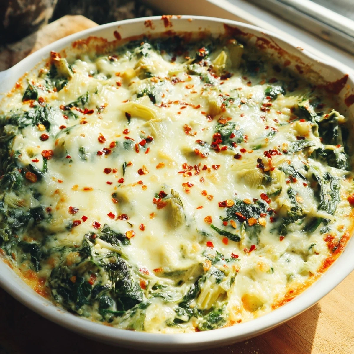 Hot, melty Cheesy Spinach Artichoke Dip served with crispy tortilla chips, perfect for game day.