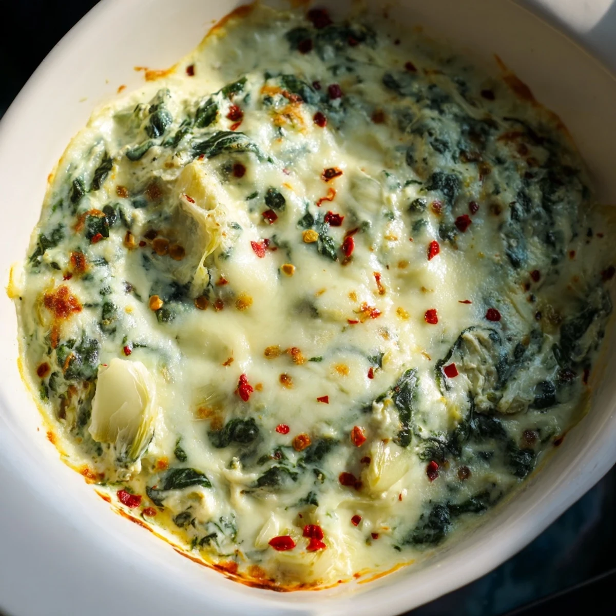 Oven-baked Cheesy Spinach Artichoke Dip in a dish, garnished with herbs and ready to dip.