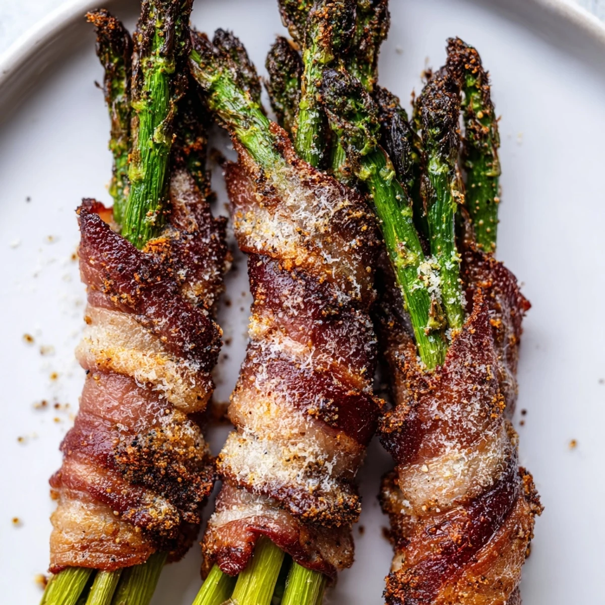 Golden brown Crispy Beef Bacon Wrapped Asparagus Bundles on a platter, garnished with lemon zest and fresh herbs.