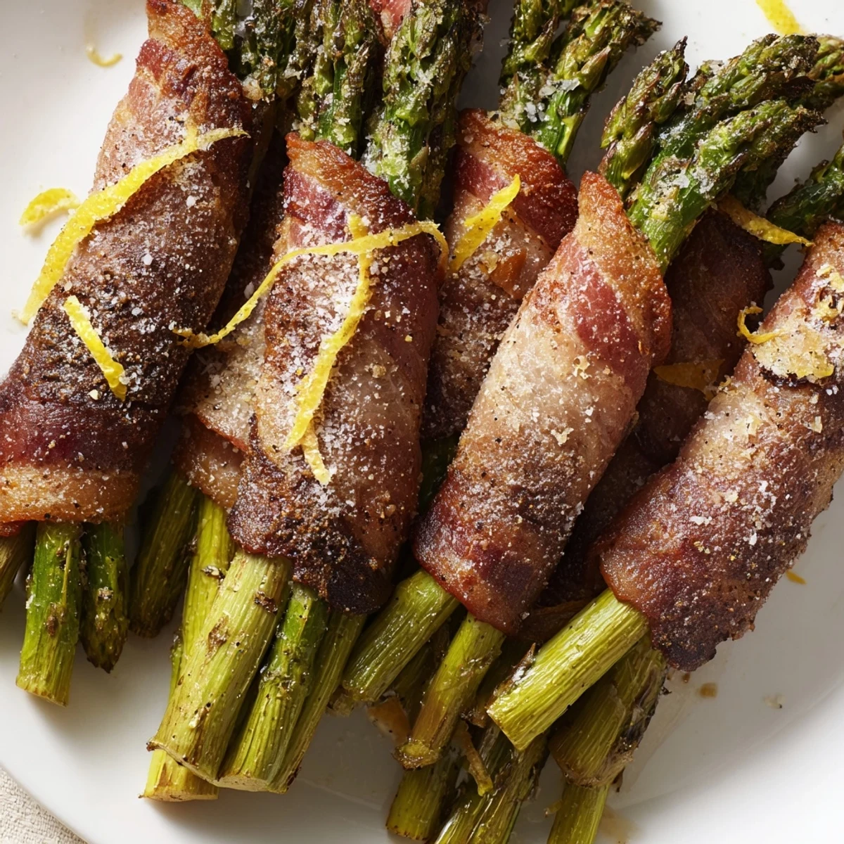 Savory Crispy Beef Bacon Wrapped Asparagus Bundles roasted to perfection, served hot from the oven on a tray.