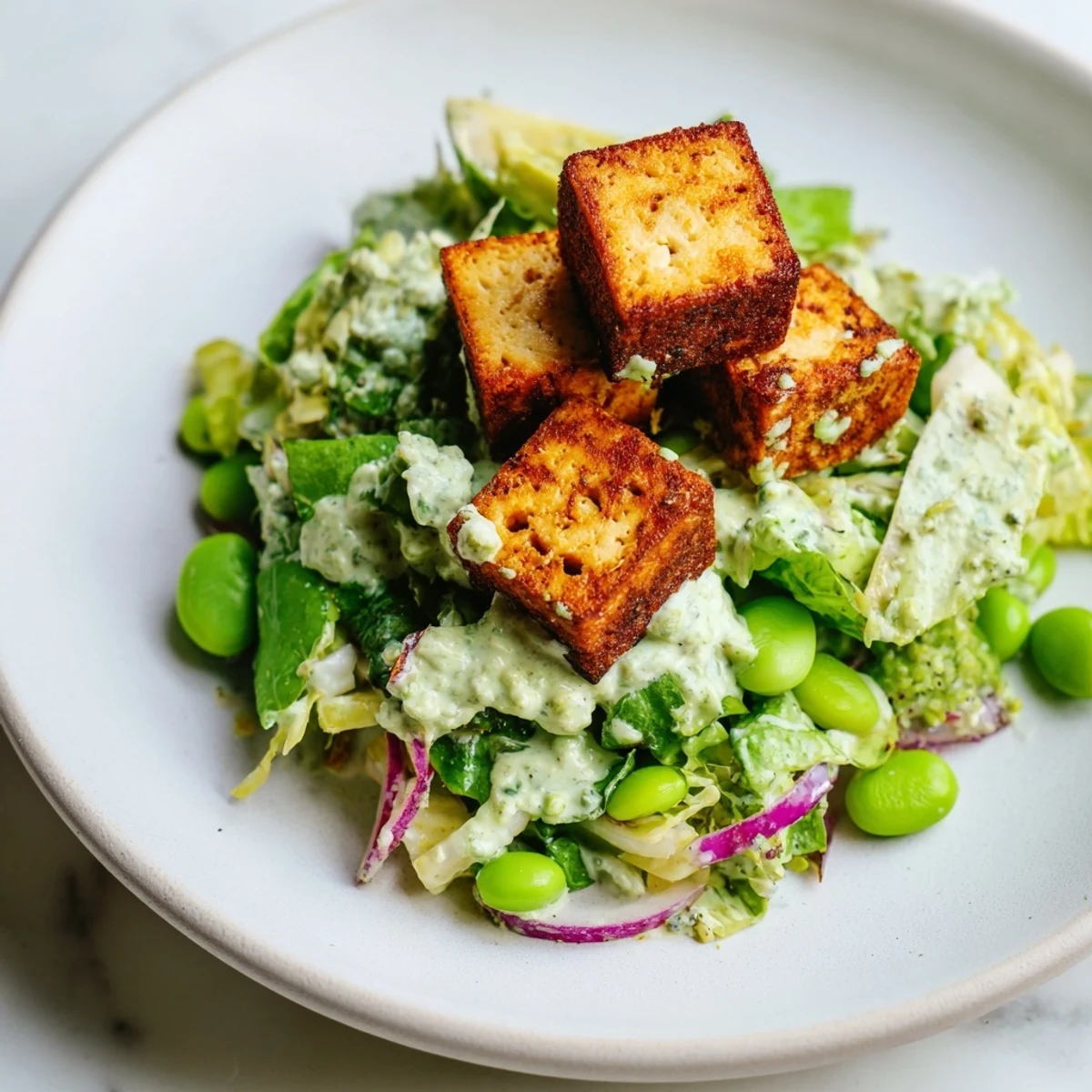 Overhead view of a fresh Green Goddess Salad with Baked Tofu in a white bowl, featuring diced avocado, cucumber, and sugar snap peas coated in herb dressing.