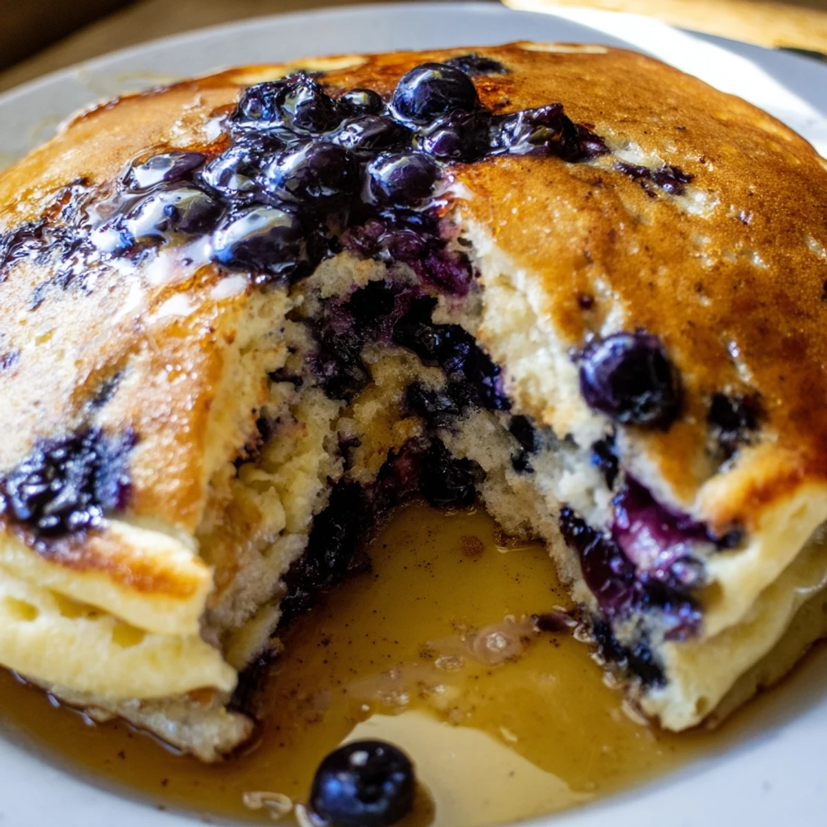 Golden-brown Lemon Blueberry Ricotta Pancakes studded with fresh blueberries, served warm with maple syrup.