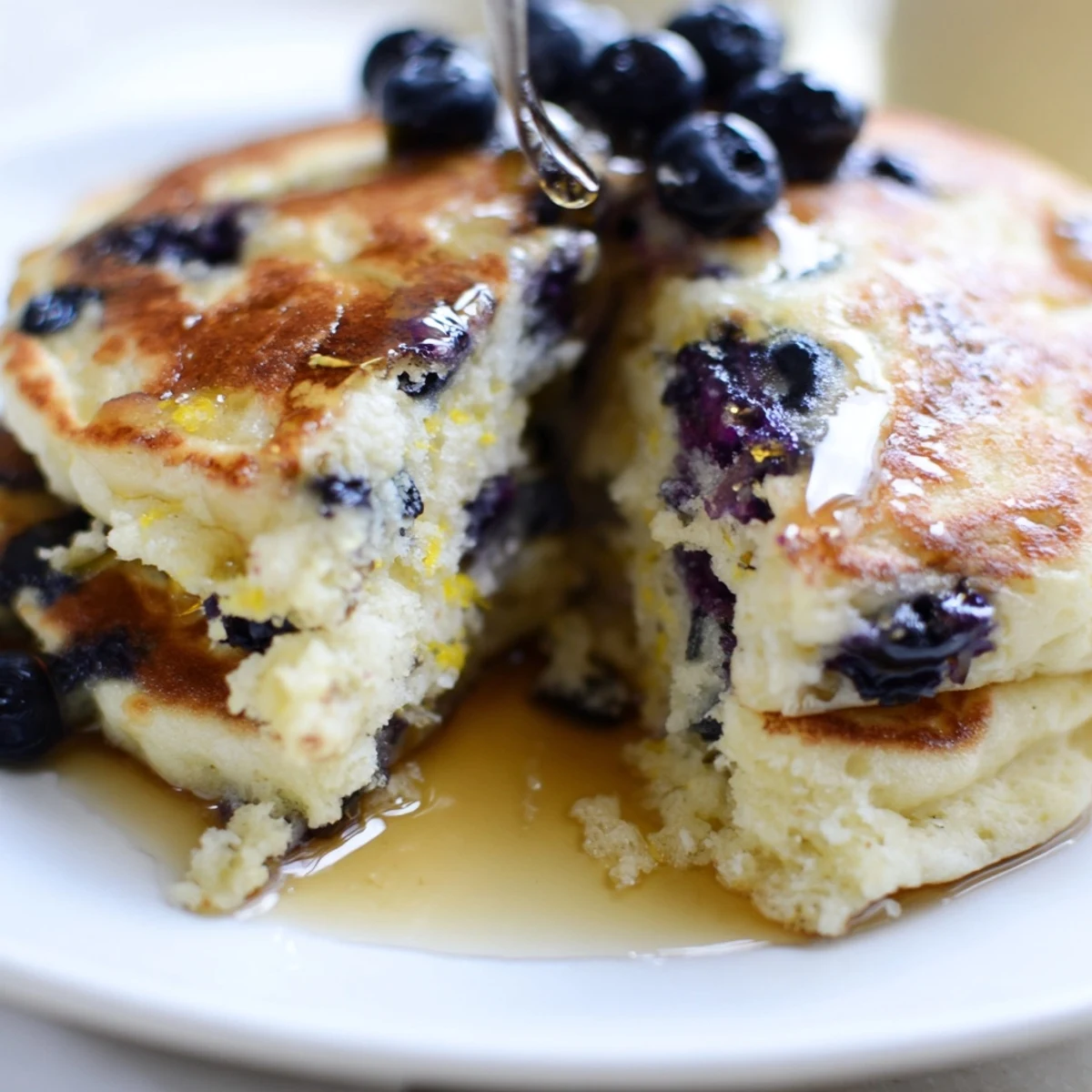 Thick and fluffy Lemon Blueberry Ricotta Pancakes topped with extra berries and a dusting of powdered sugar.