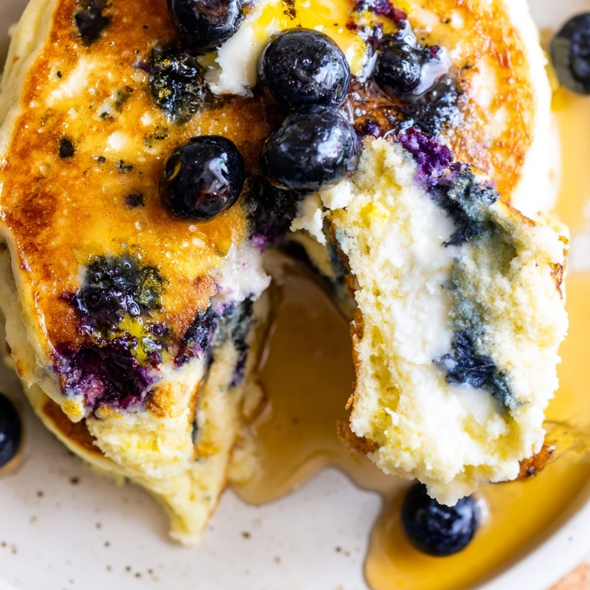 Freshly cooked Lemon Blueberry Ricotta Pancakes stacked high, showcasing a tender crumb and vibrant blueberry bursts.