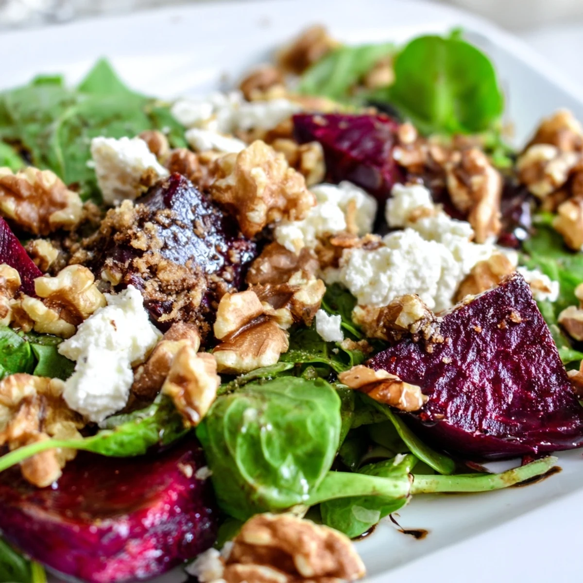 Sliced roasted beets, crumbled goat cheese, and chopped walnuts top a bed of peppery arugula and spinach in this Roasted Beet and Goat Cheese Salad with Walnuts, ready to serve at a summer picnic.