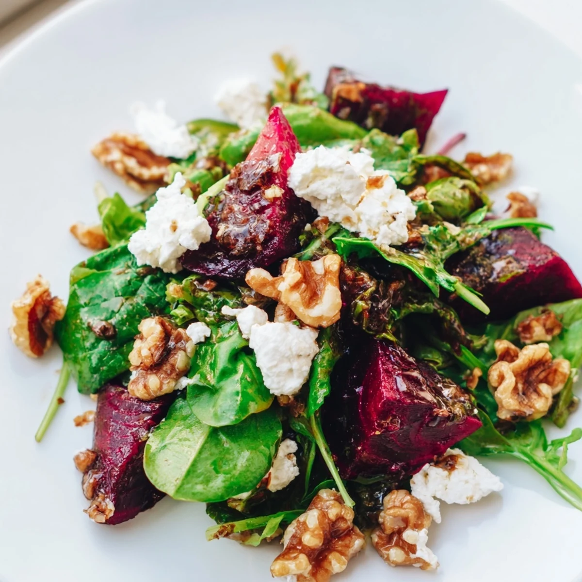 Overhead view of Roasted Beet and Goat Cheese Salad with Walnuts featuring ruby beet wedges, white goat cheese crumbles, and golden toasted walnuts scattered over mixed greens with a glossy balsamic glaze.