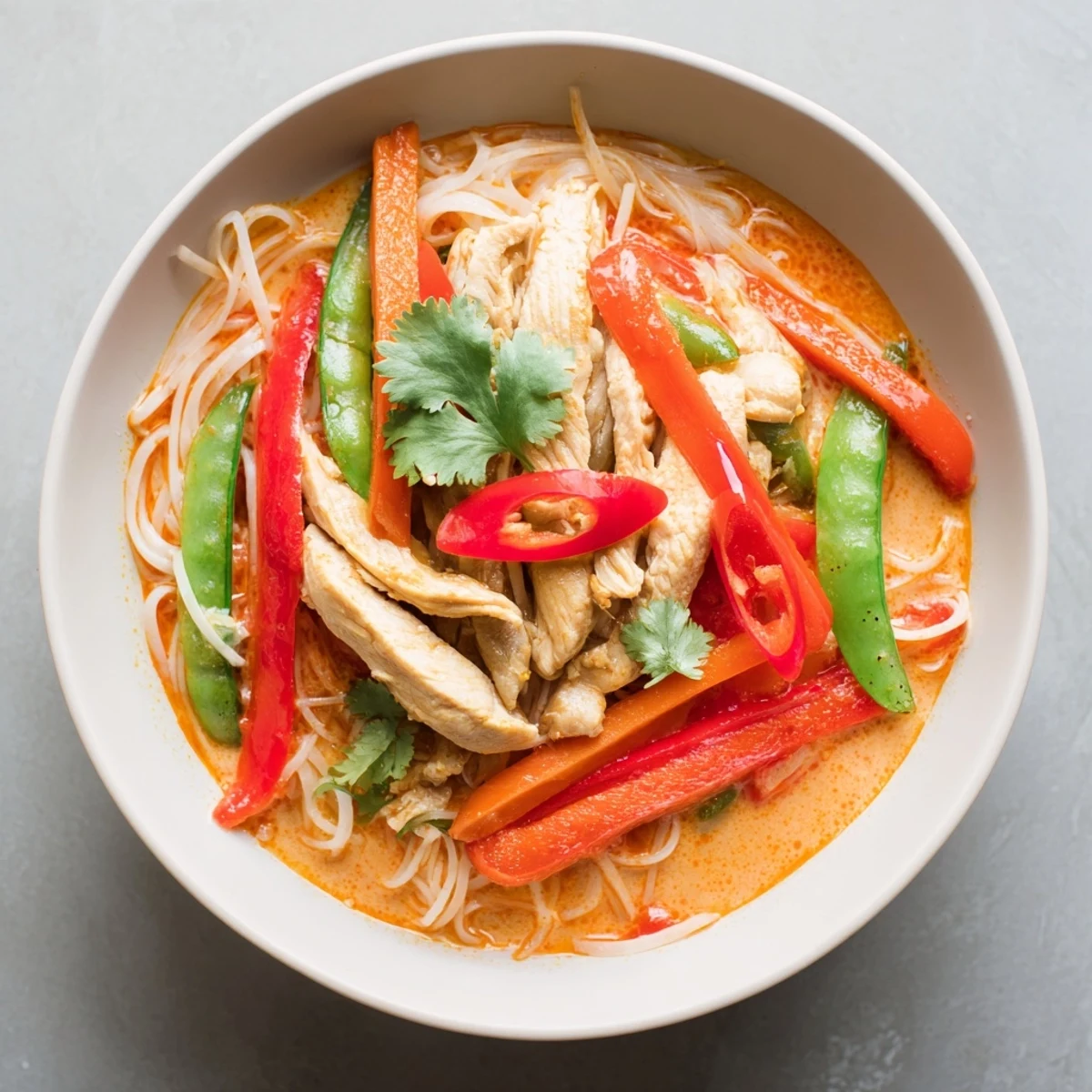 A close-up of Thai Red Curry Noodle Soup with Chicken, revealing tender chicken and vibrant vegetables in rich broth.