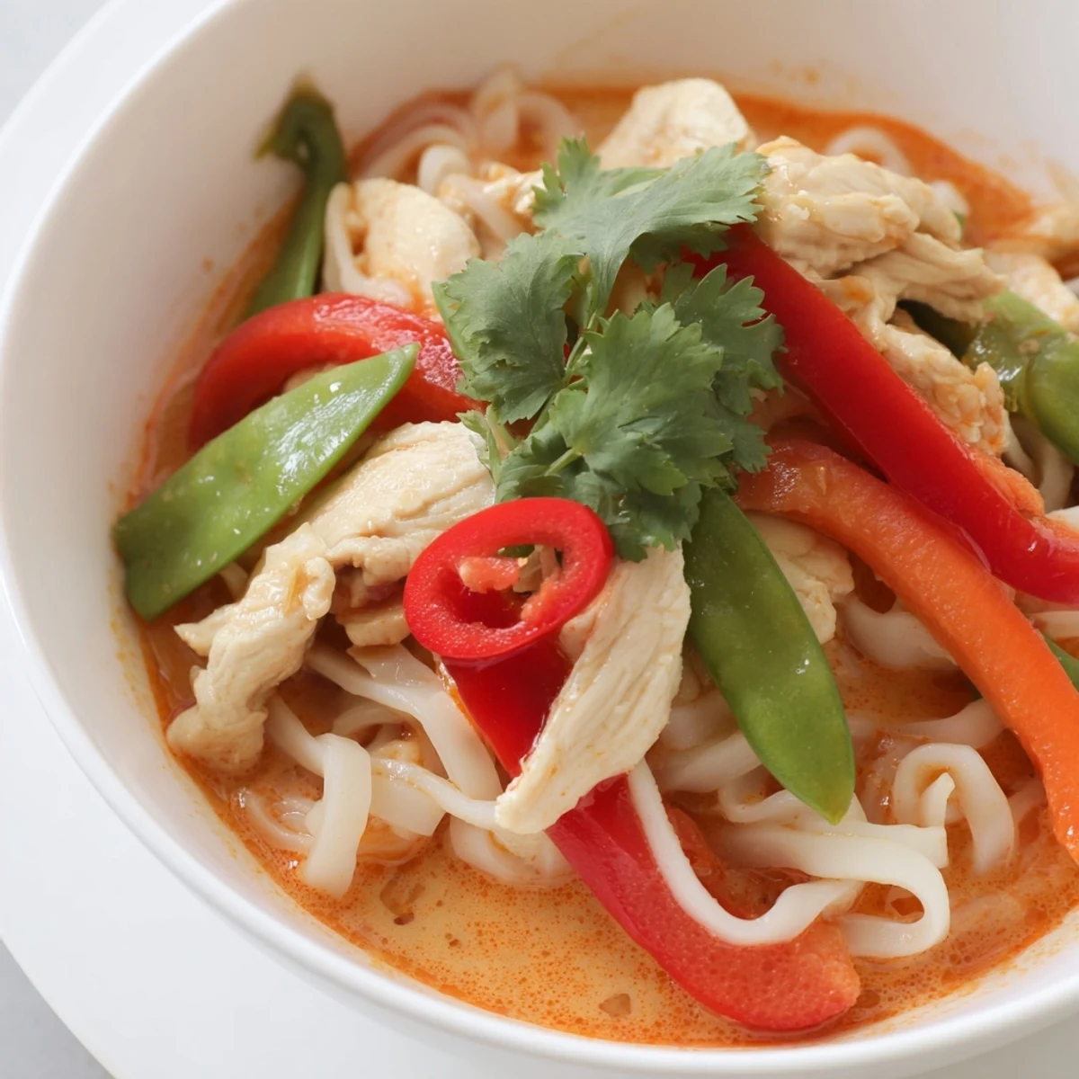 Creamy Thai Red Curry Noodle Soup with Chicken, garnished with cilantro and lime, steaming in a rustic bowl.