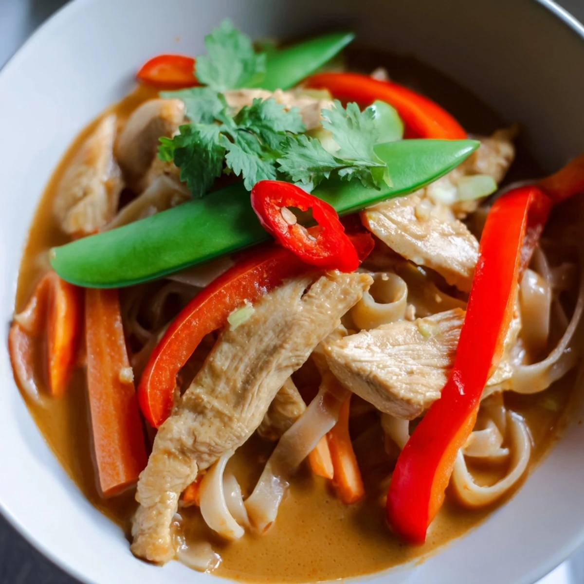 Spicy Thai Red Curry Noodle Soup with Chicken, served hot with chopsticks and fresh basil leaves for garnish.