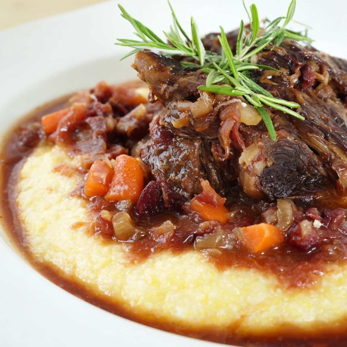 Slow Cooked Lamb Shanks with Rosemary Polenta served in a rustic dish, braised meat glistening with a rich, dark sauce and creamy, herb-flecked grains.