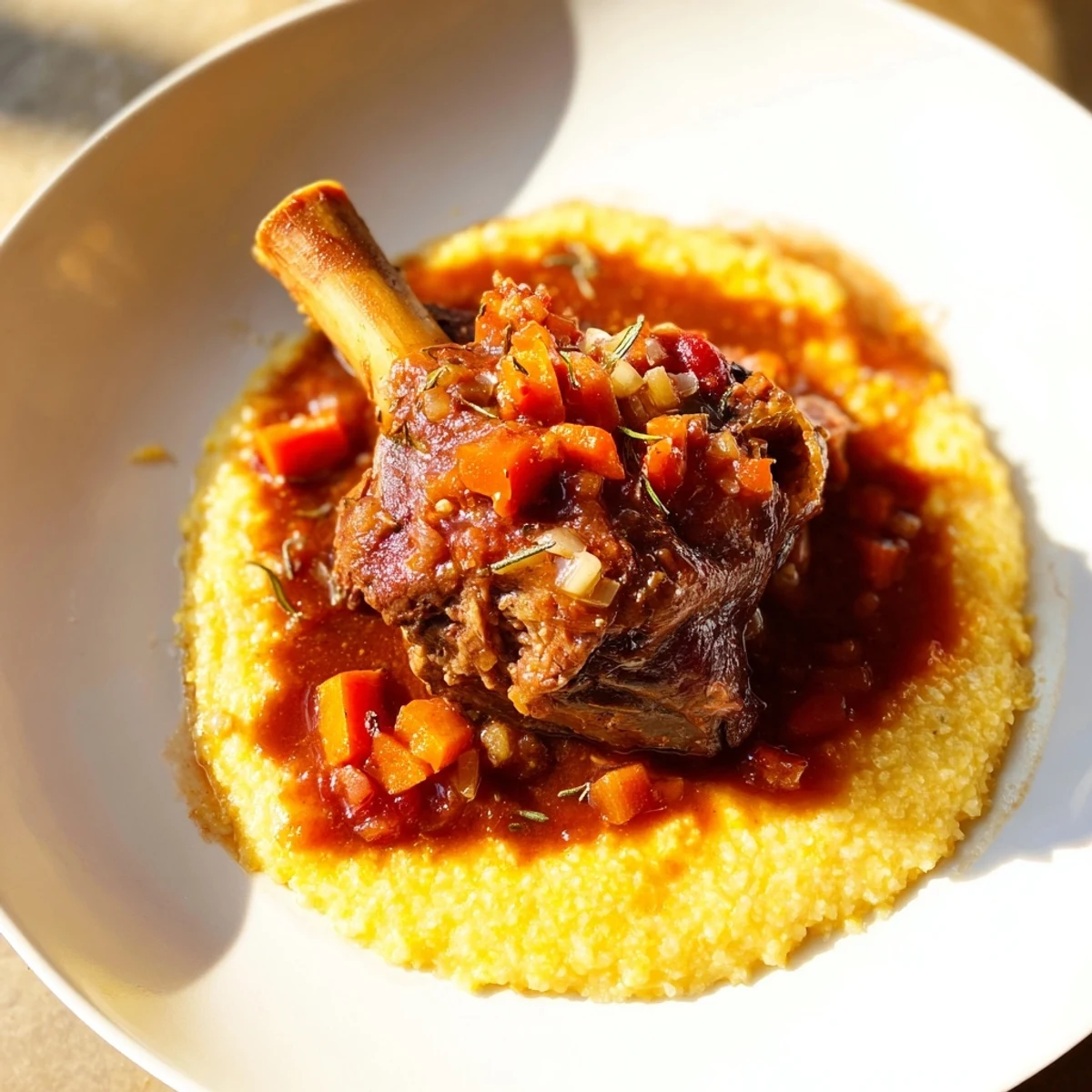 Close-up of Slow Cooked Lamb Shanks with Rosemary Polenta showing succulent shredded meat beside creamy Parmesan polenta, garnished with fresh rosemary sprigs.
